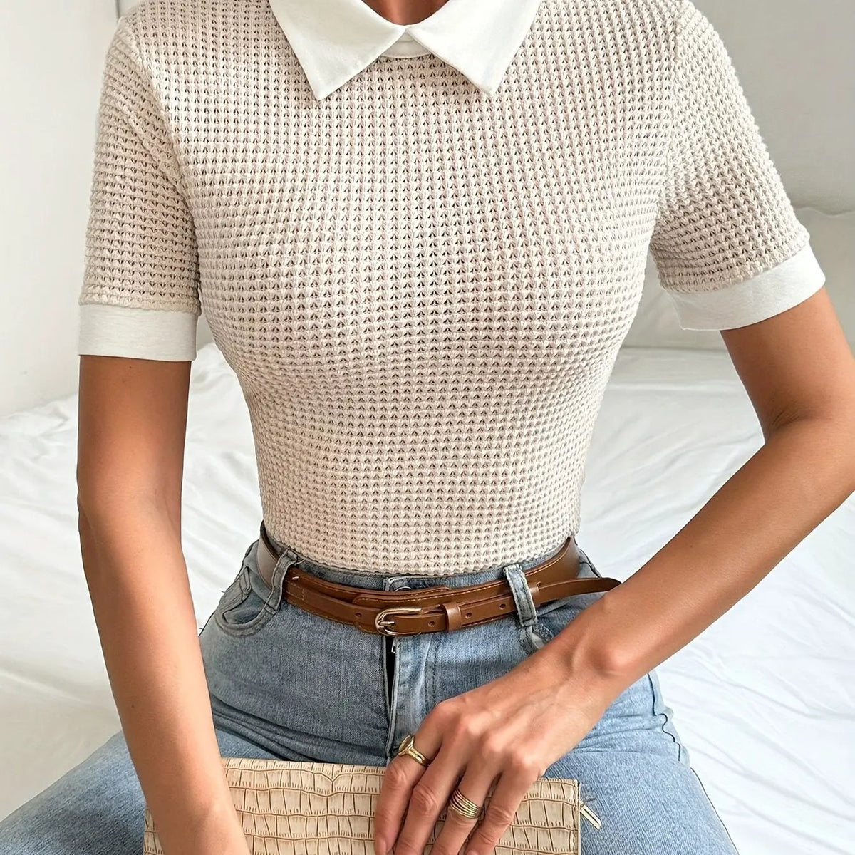 Women's Contrast Collar Slim Fit Top for Work-Women's Blouses-Bellmaren-Apricot-S-My Store