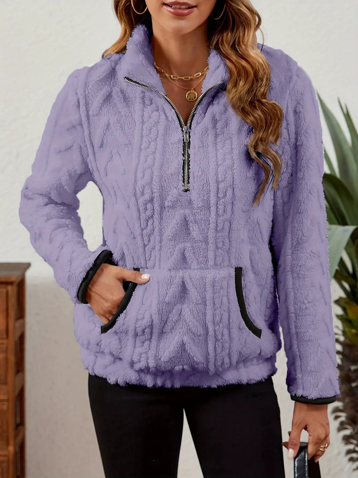 Textured Women's Half Zip Pullover Kangaroo Pocket-Women's Sweaters-Bellmaren-Burgundy-S-My Store