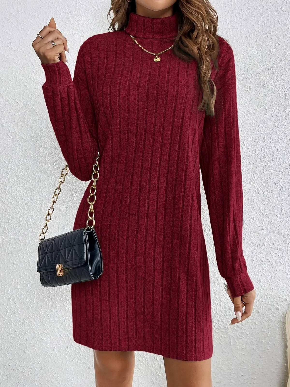 Women's Ribbed Turtleneck Sweater Dress Casual Layering-Women's Dresses-Bellmaren-Khaki-XS-My Store