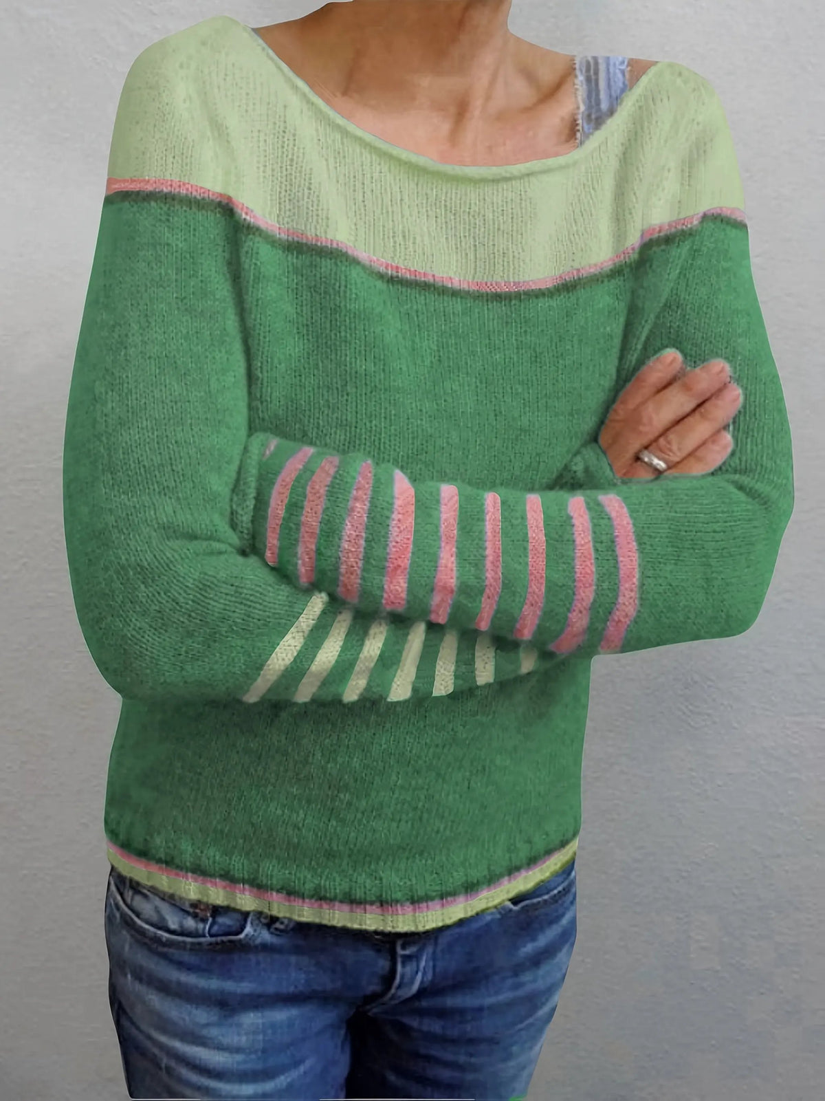 Women's Colour-Block Boat Neck Sweater With Relaxed Fit by Bellmaren