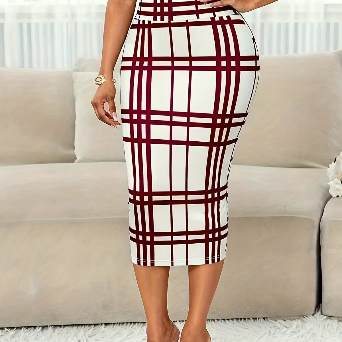 Women's Plaid Pencil Skirt - Tailored Stretch Fit-Women's Skirts-Bellmaren-Burgundy-XS-My Store