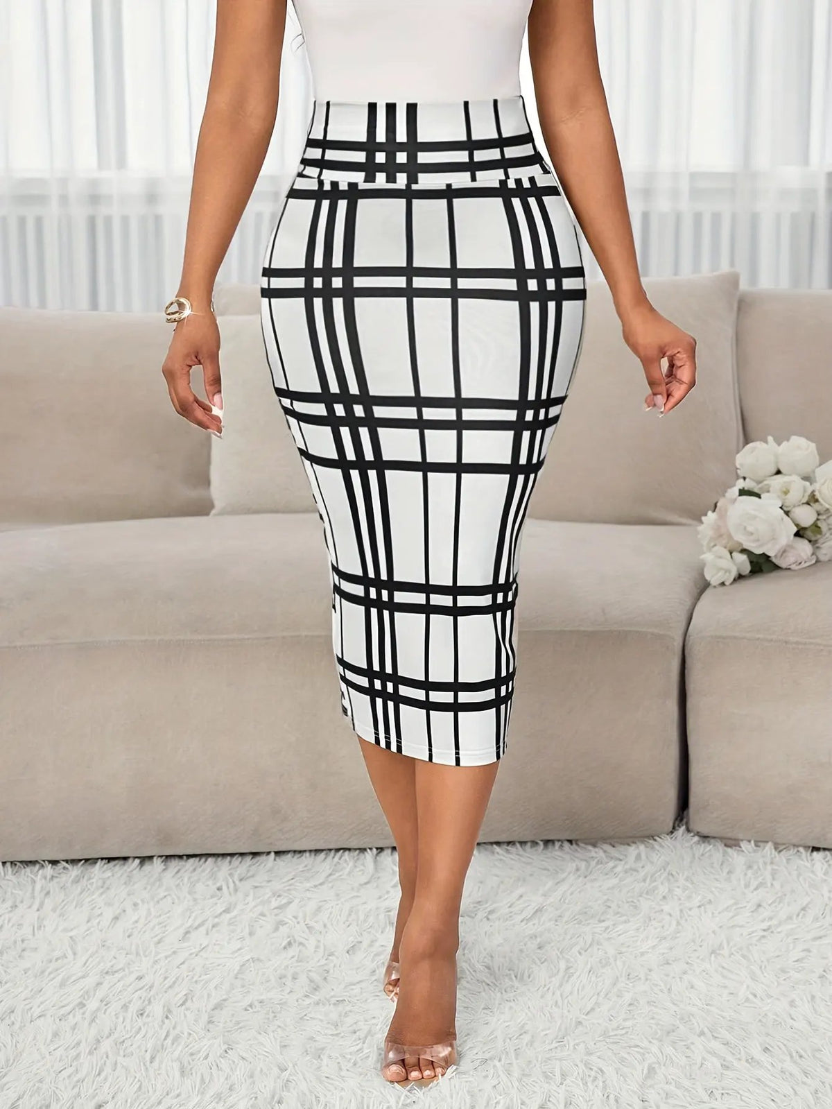 Women's Plaid Pencil Skirt - Tailored Stretch Fit-Women's Skirts-Bellmaren-White-XS-My Store