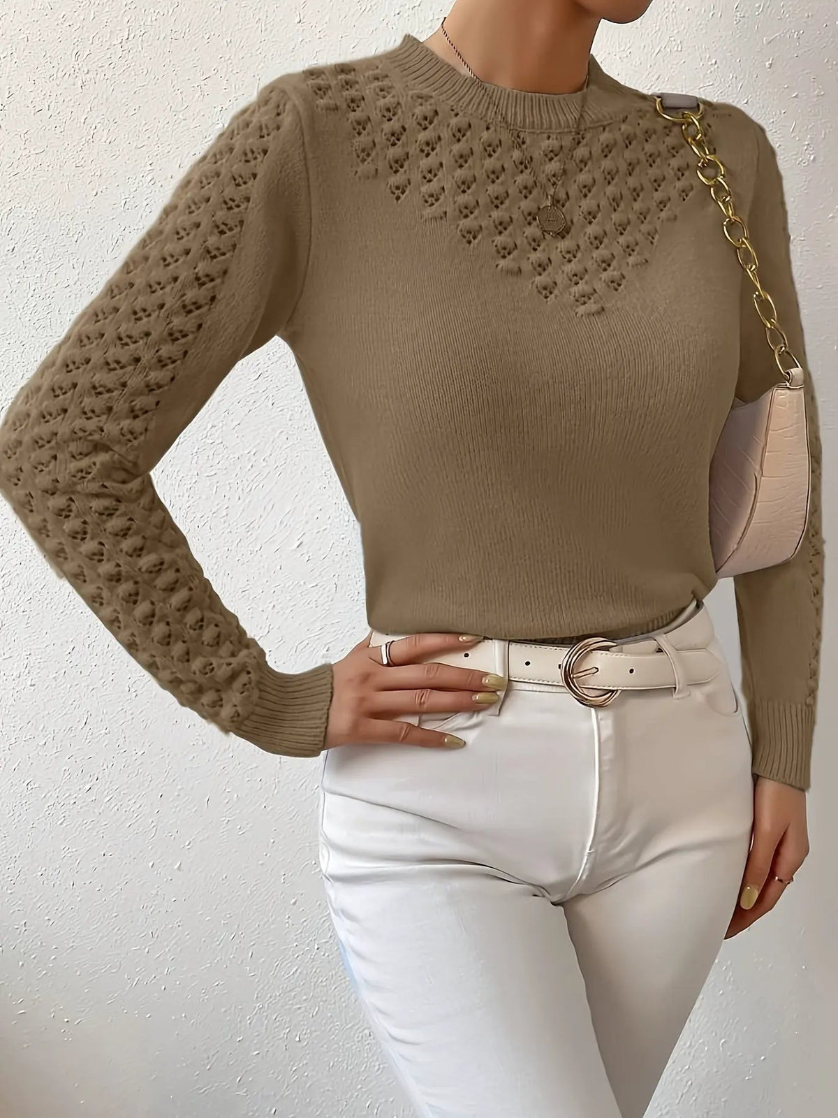Women's Pointelle Knit Round Neck Jumper-Women's Sweaters-Bellmaren-Light Blue-XS-My Store