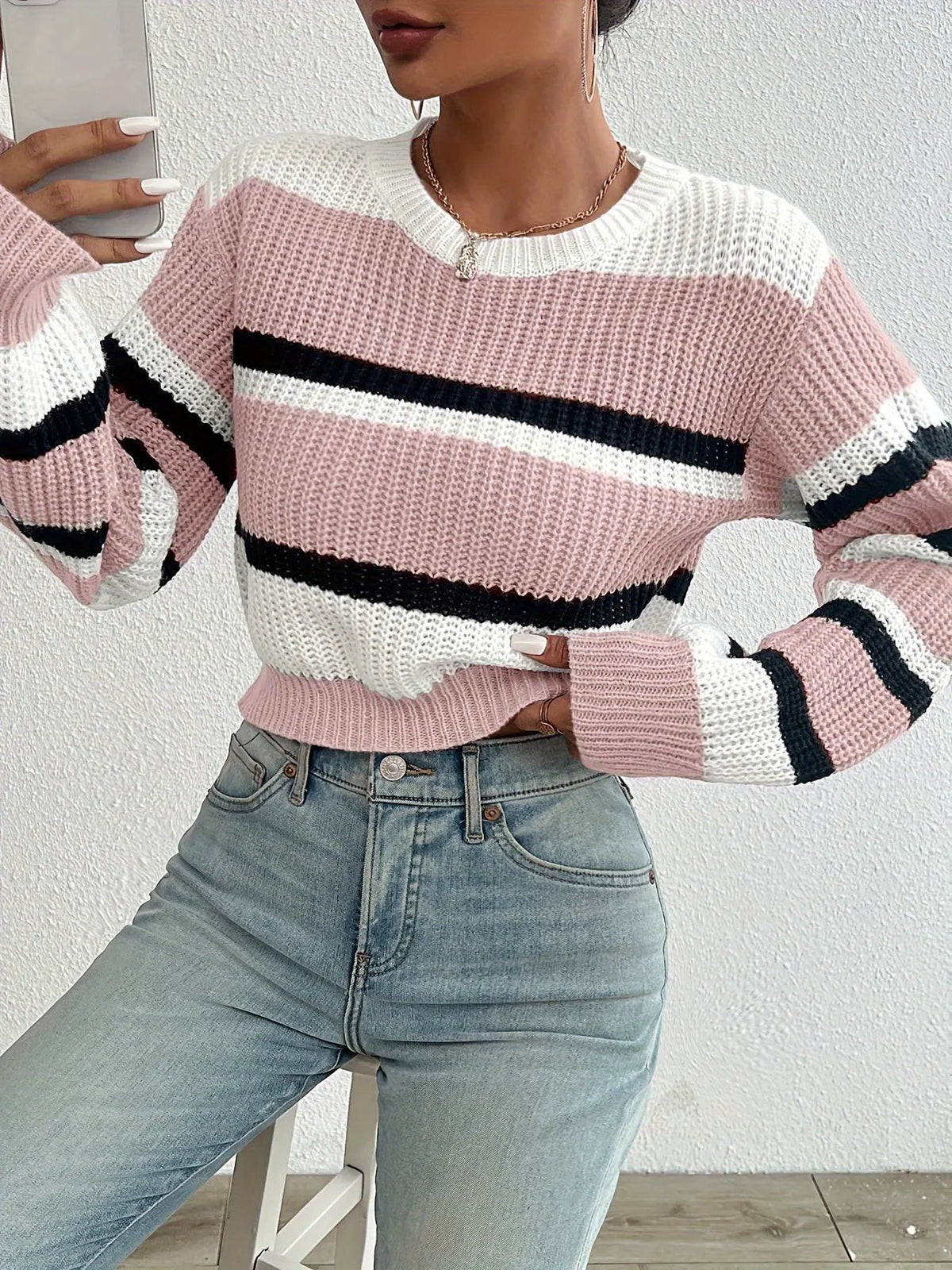 Women's Colour-block Stripe Sweater in Relaxed Fit-Women's Sweaters-Bellmaren-Sky Blue-S-My Store