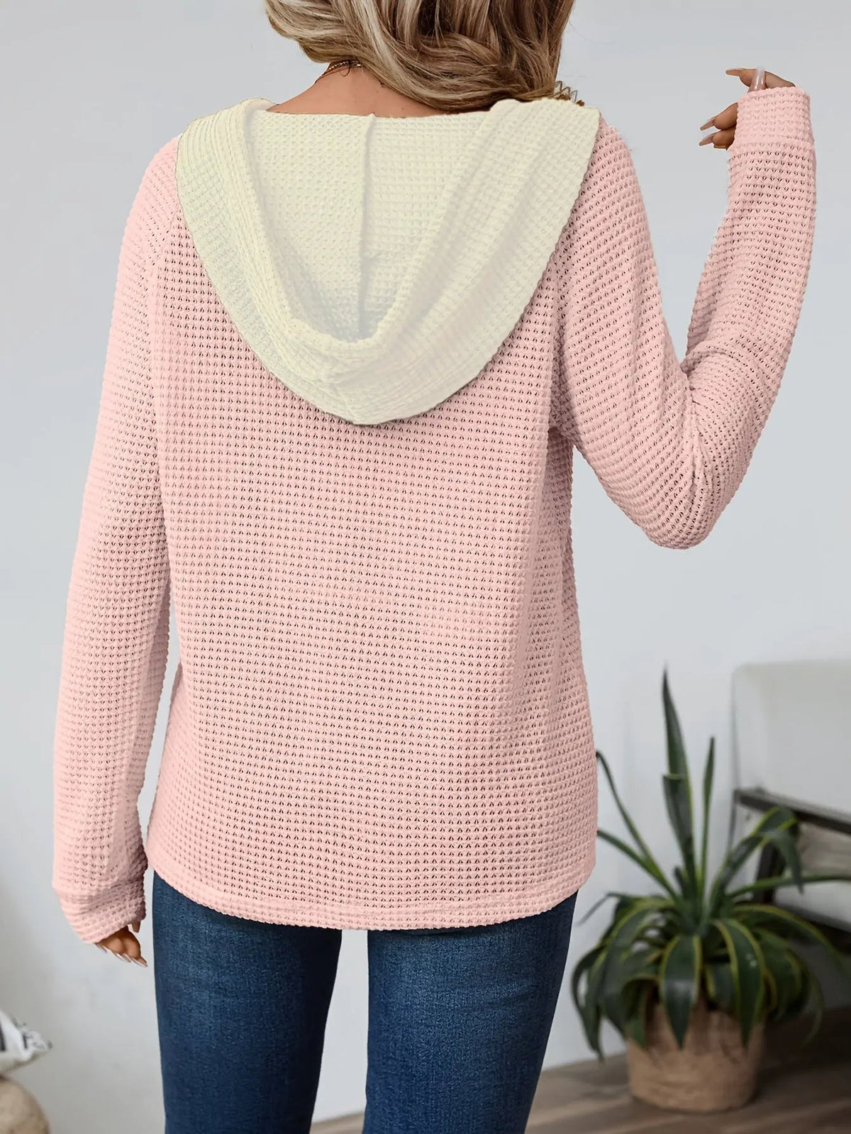 Women's Relaxed Waffle Hooded Top - Contrast Hood-Women's Hoodies-Bellmaren-Beige-S-My Store