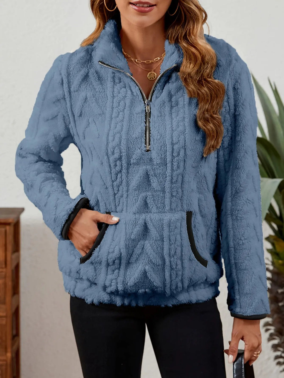 Textured Women's Half Zip Pullover Kangaroo Pocket-Women's Sweaters-Bellmaren-Burgundy-S-My Store