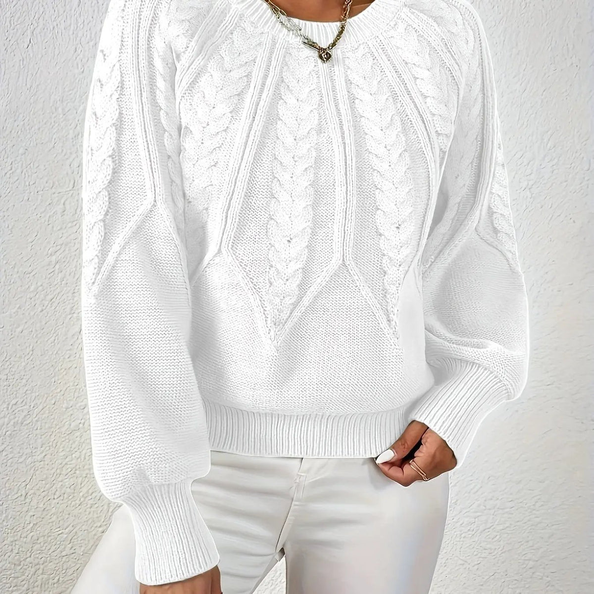 Women's Cable Knit Round Neck Sweater with Raglan Sleeves-Women's Sweaters-Bellmaren-White-S-My Store