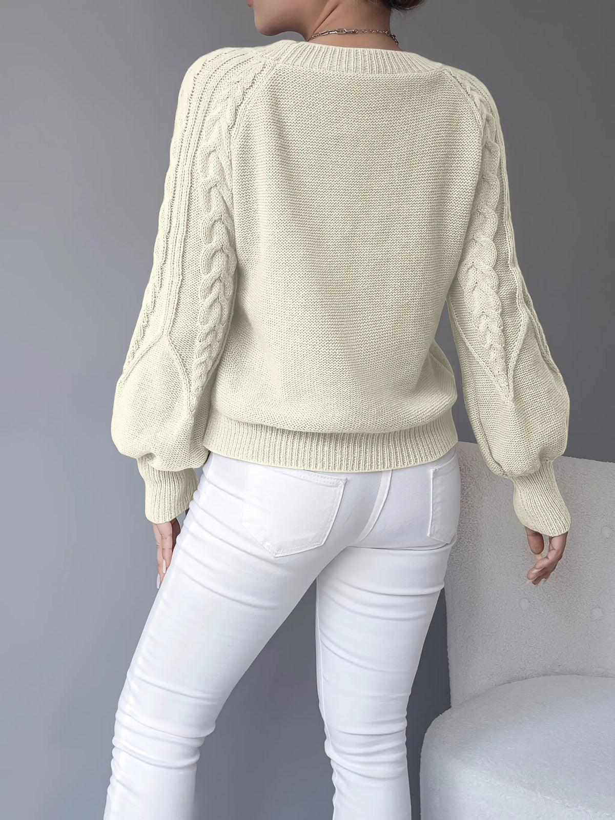 Women's Classic Cable-Knit Lantern-Sleeve Pullover Jumper-Women's Sweaters-Bellmaren-Khaki-S-My Store