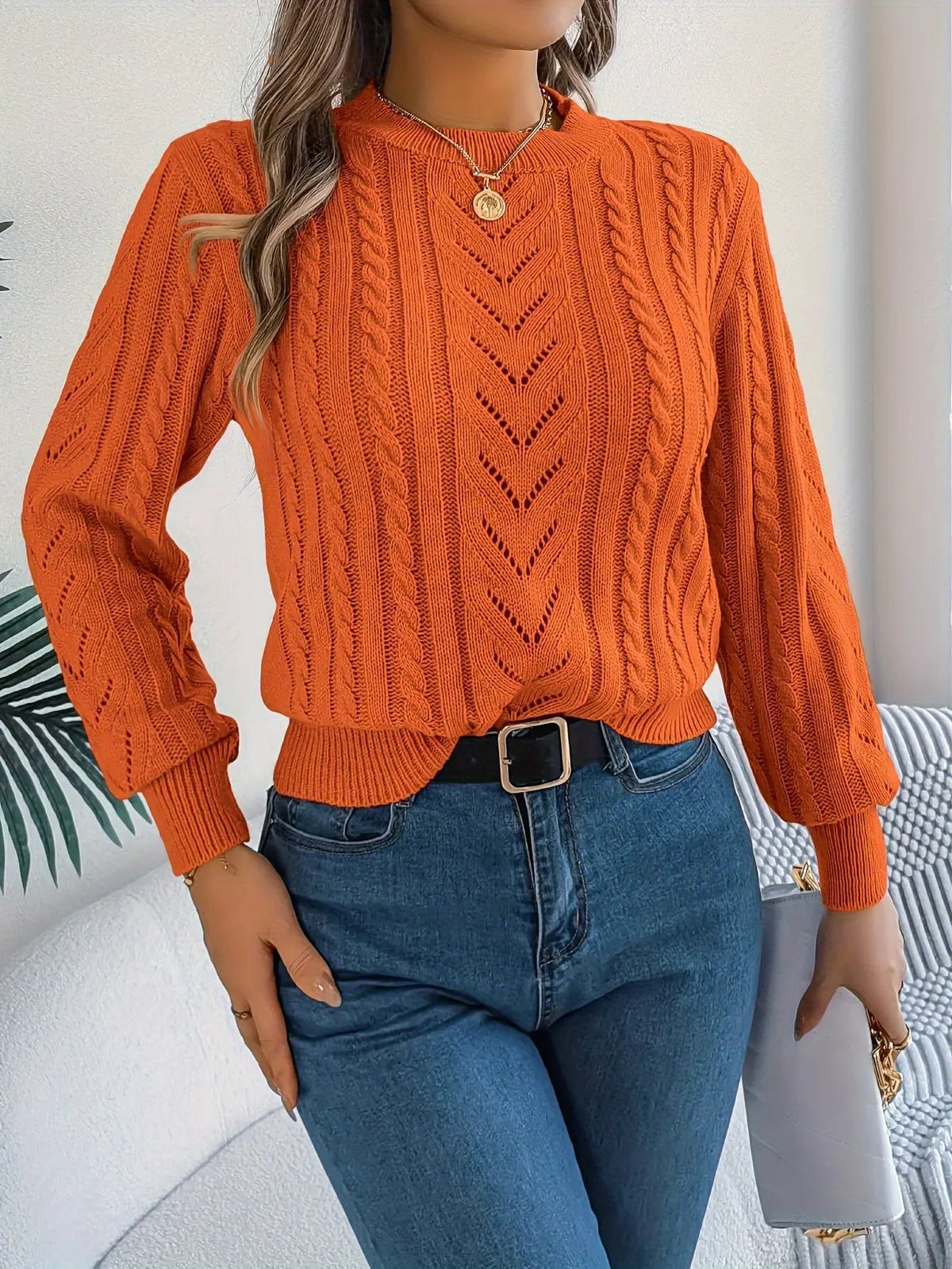 Women's Cable Knit Textured Sweater with Openwork Detailing-Women's Sweaters-Bellmaren-Khaki-S-My Store