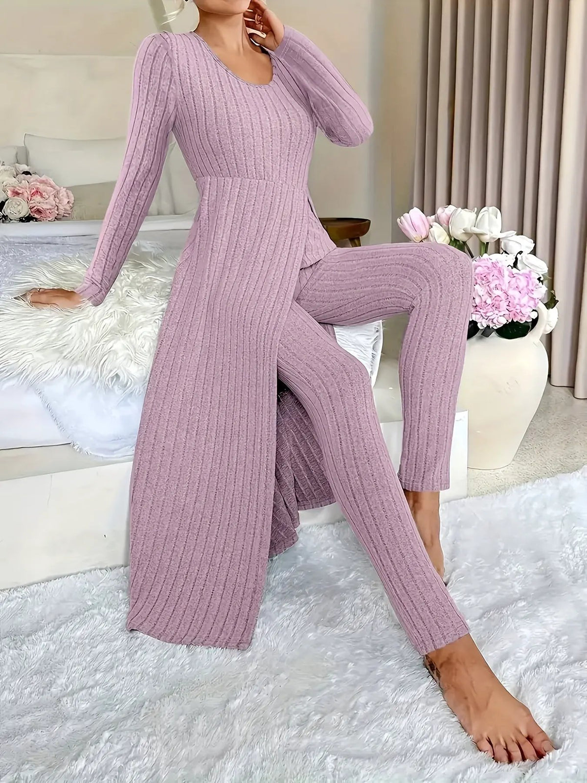 Women's Ribbed Loungewear Tunic and Wide Leg Trouser Set-Women's Loungewear Sets-Bellmaren-Violet-S-My Store