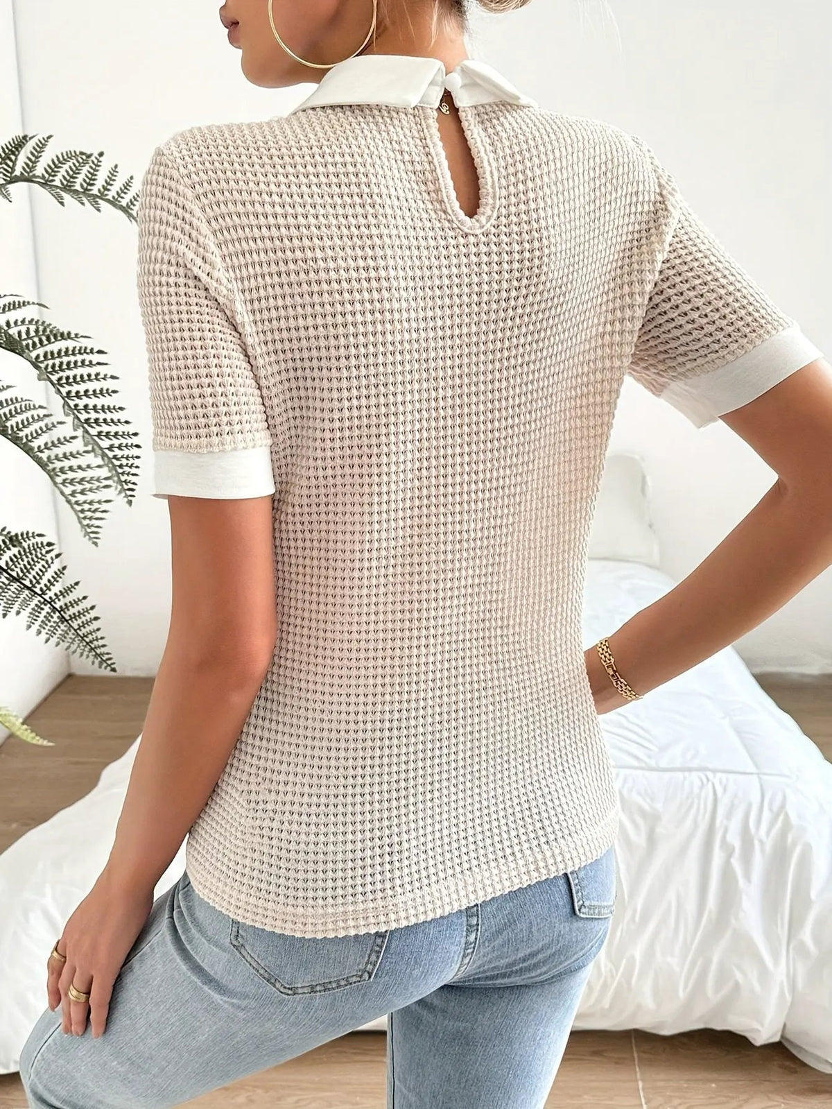 Women's Contrast Collar Slim Fit Top for Work-Women's Blouses-Bellmaren-Apricot-S-My Store
