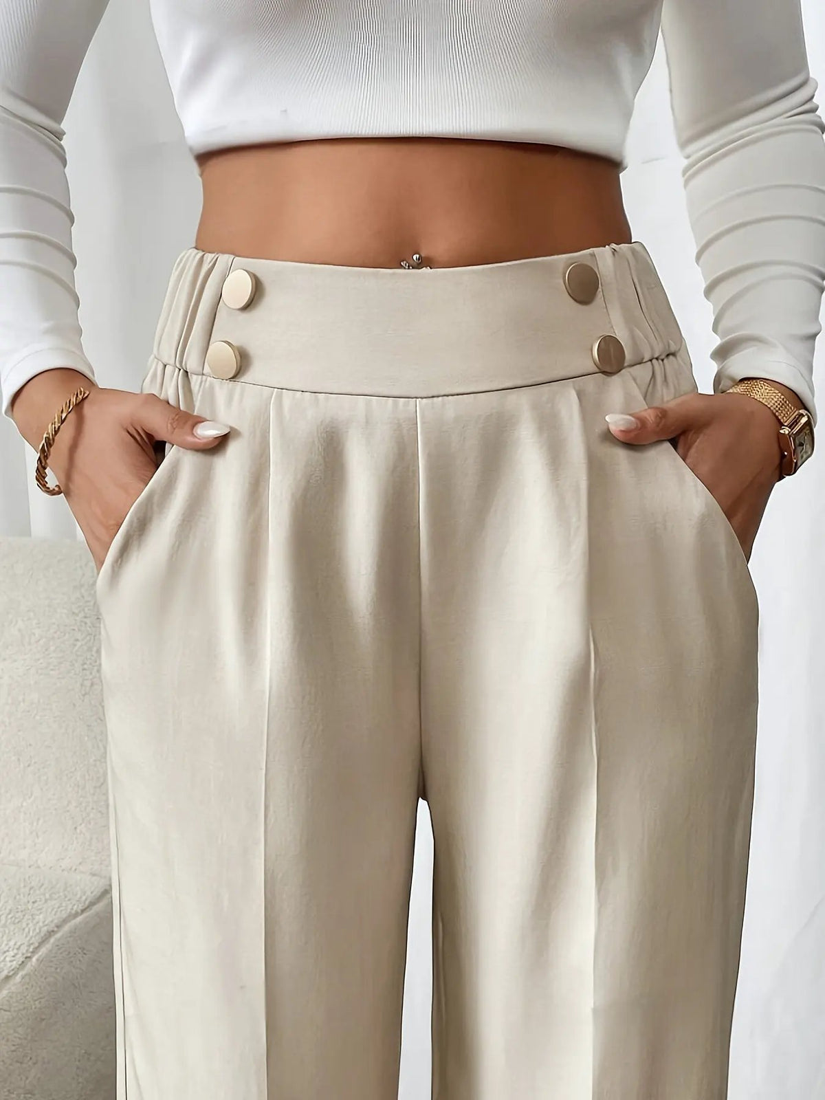 Women's Tailored Wide-Leg Trousers with Elastic High Waist-Women's Trousers-Bellmaren-Apricot-S-My Store