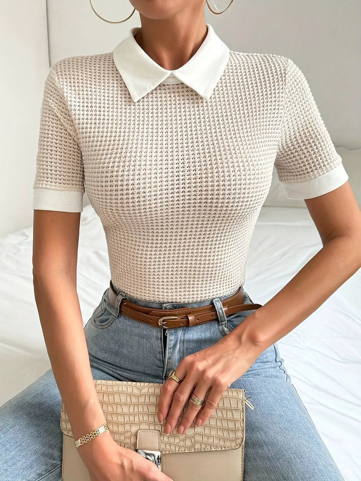 Women's Contrast Collar Slim Fit Top for Work-Women's Blouses-Bellmaren-Apricot-S-My Store