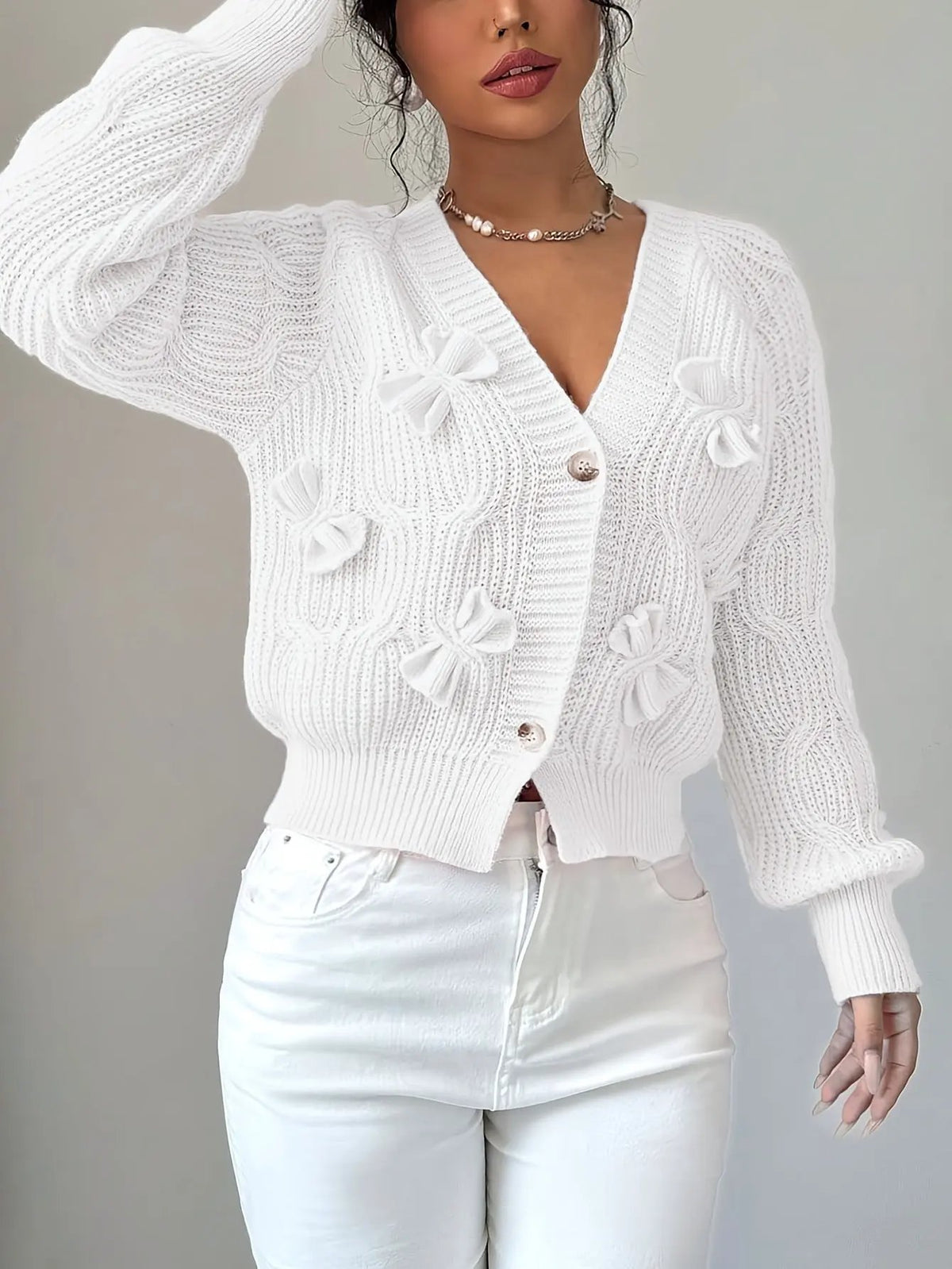 Women's Bow-Detail Long Sleeve Button Cardigan-Women’s Cardigans-Bellmaren-Pink-S-My Store