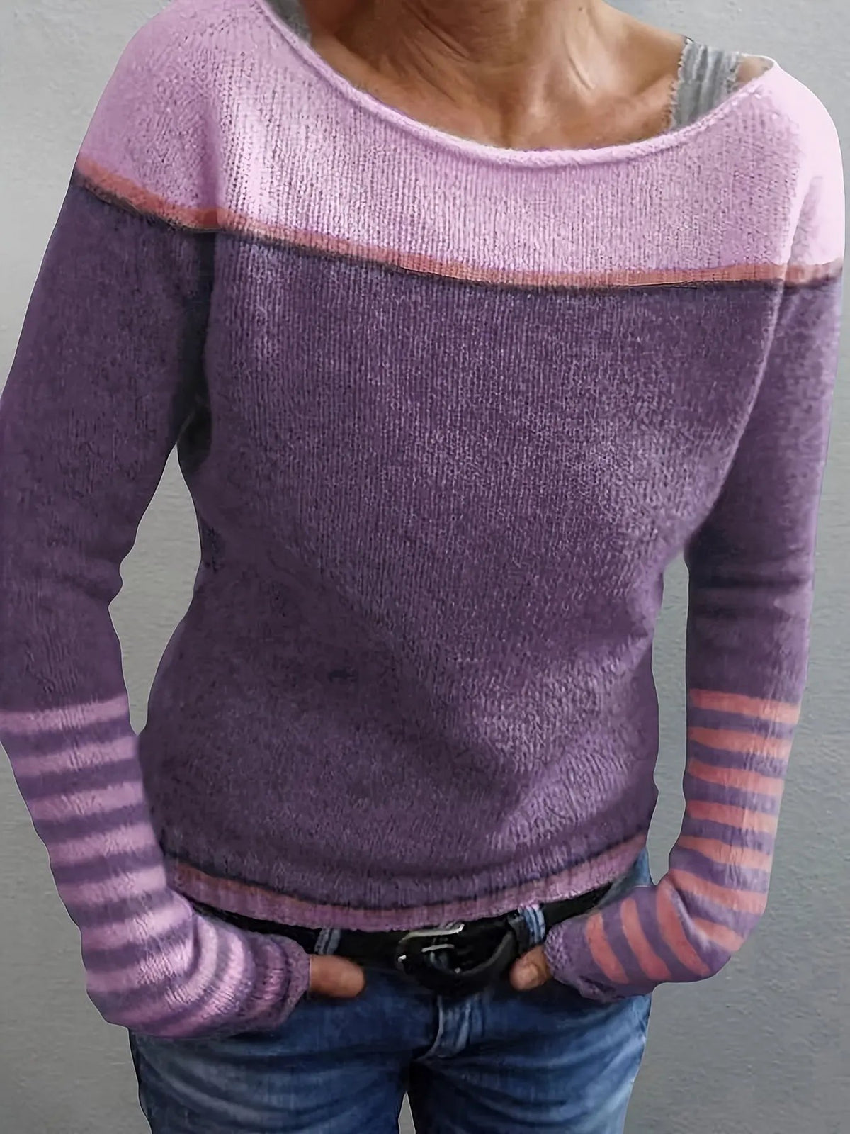 Women's Colour-Block Boat Neck Sweater With Relaxed Fit by Bellmaren