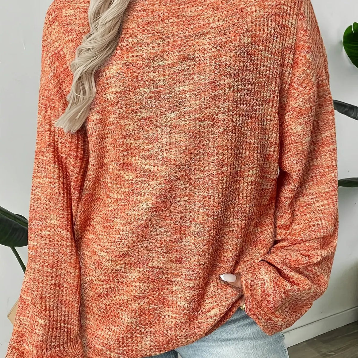 Women's Relaxed Waffle-Knit Jumper Classic Pullover-Women's Sweaters-Bellmaren-Orange-Red-S-My Store