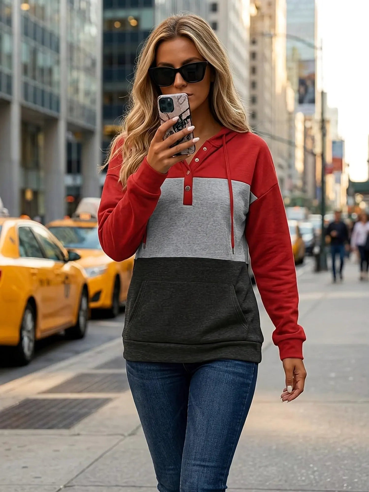 Women's Colour Block Hoodie with Button Neck-Women's Hoodies-Bellmaren-Black-S-My Store