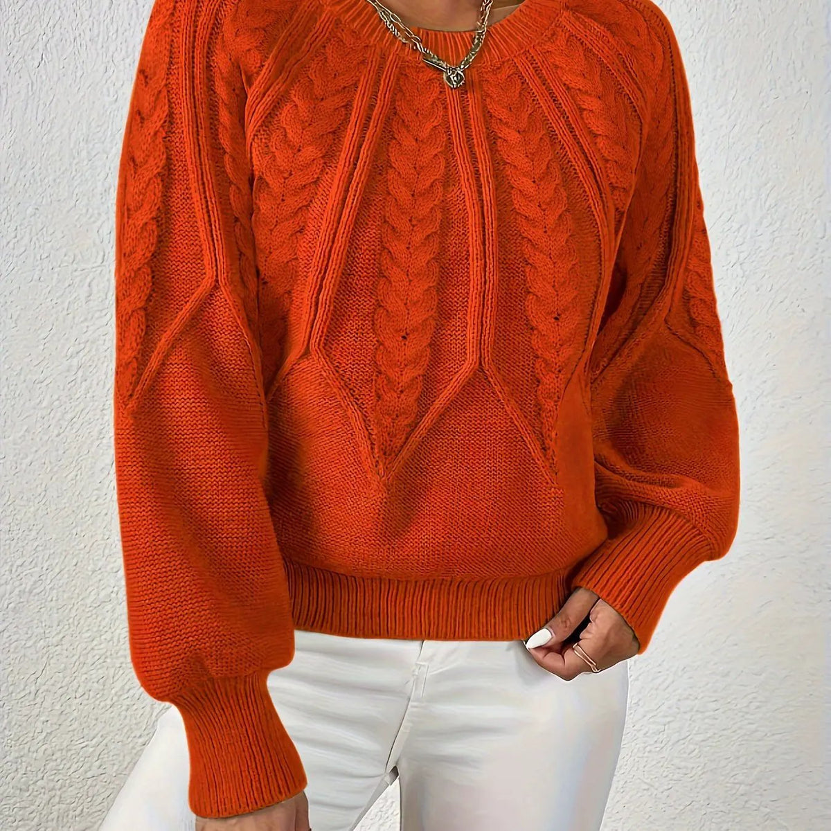 Women's Cable Knit Round Neck Sweater with Raglan Sleeves-Women's Sweaters-Bellmaren-Orange Red-S-My Store