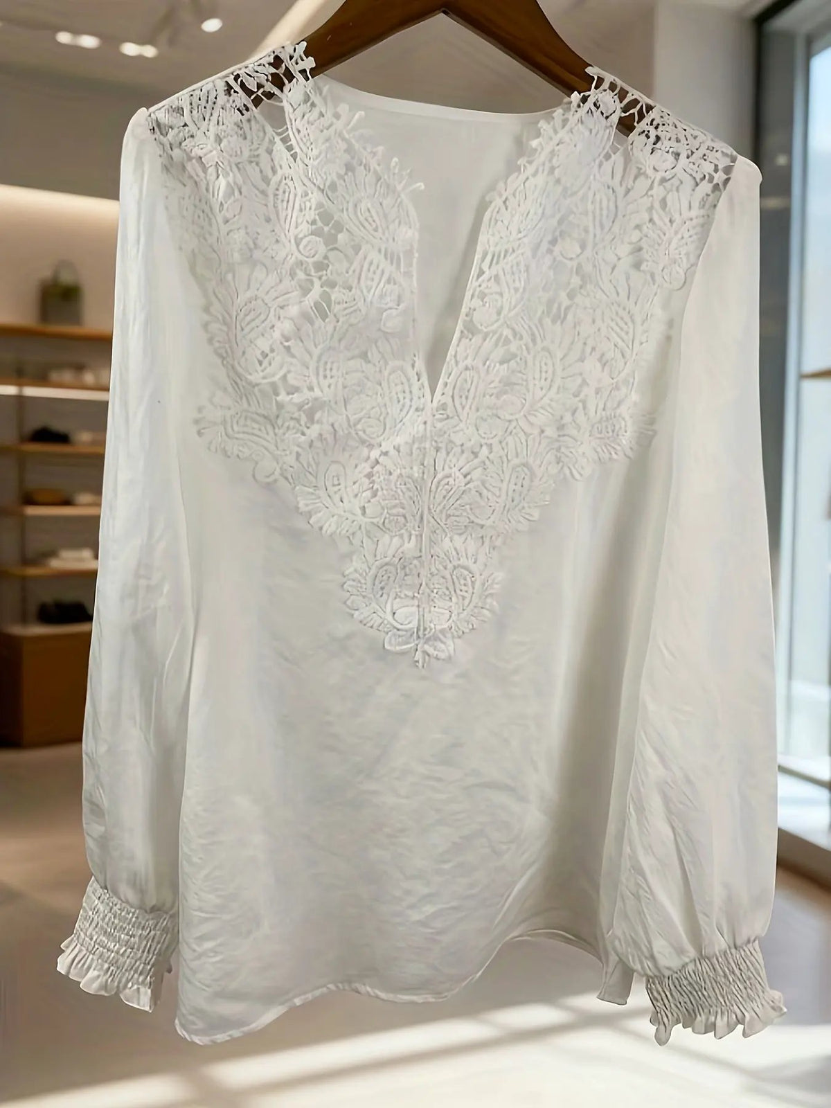 Women's Embroidered V-Neck Blouse with Lantern Sleeves by Bellmaren