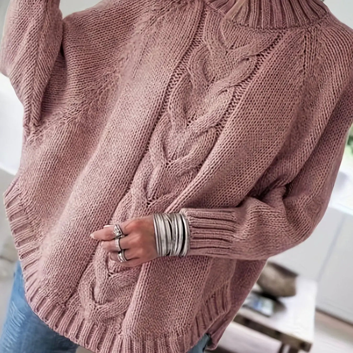 Women's Cable-Knit High-Neck Jumper - Relaxed Fit-Women's Sweaters-Bellmaren-Pale Pinkish Gray-S-My Store
