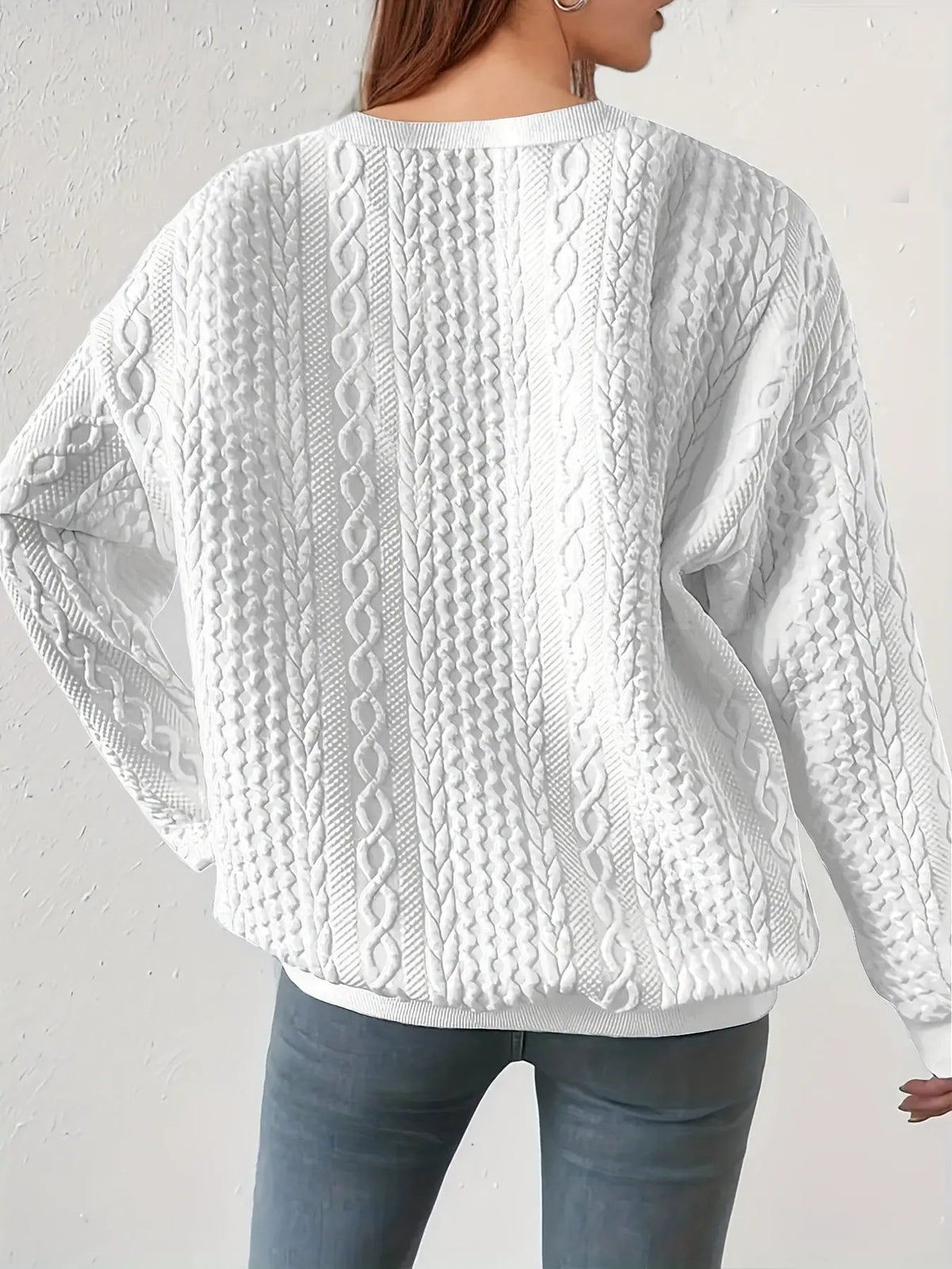 Women's Textured Cable-Knit Sweatshirt Crewneck Design-Women's Sweaters-Bellmaren-White-S-My Store