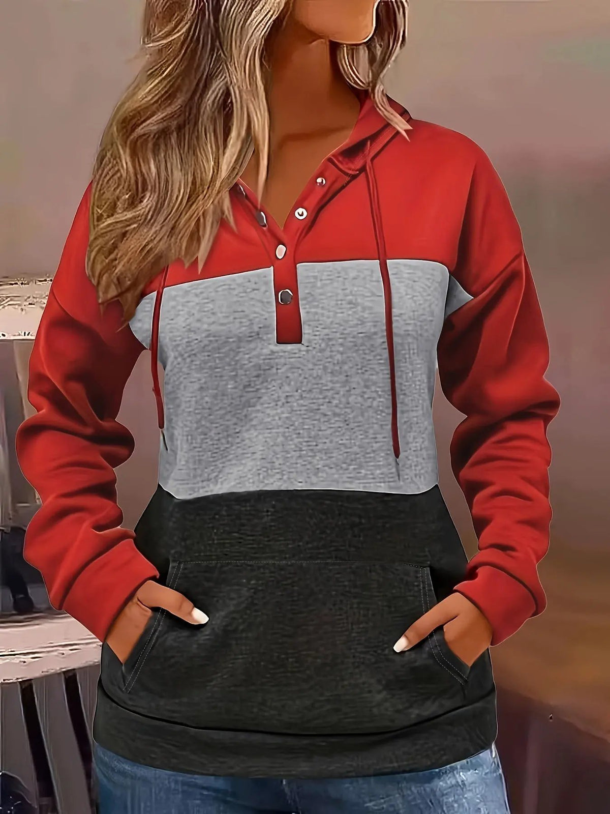 Women's Colour Block Hoodie with Button Neck-Women's Hoodies-Bellmaren-Black-S-My Store