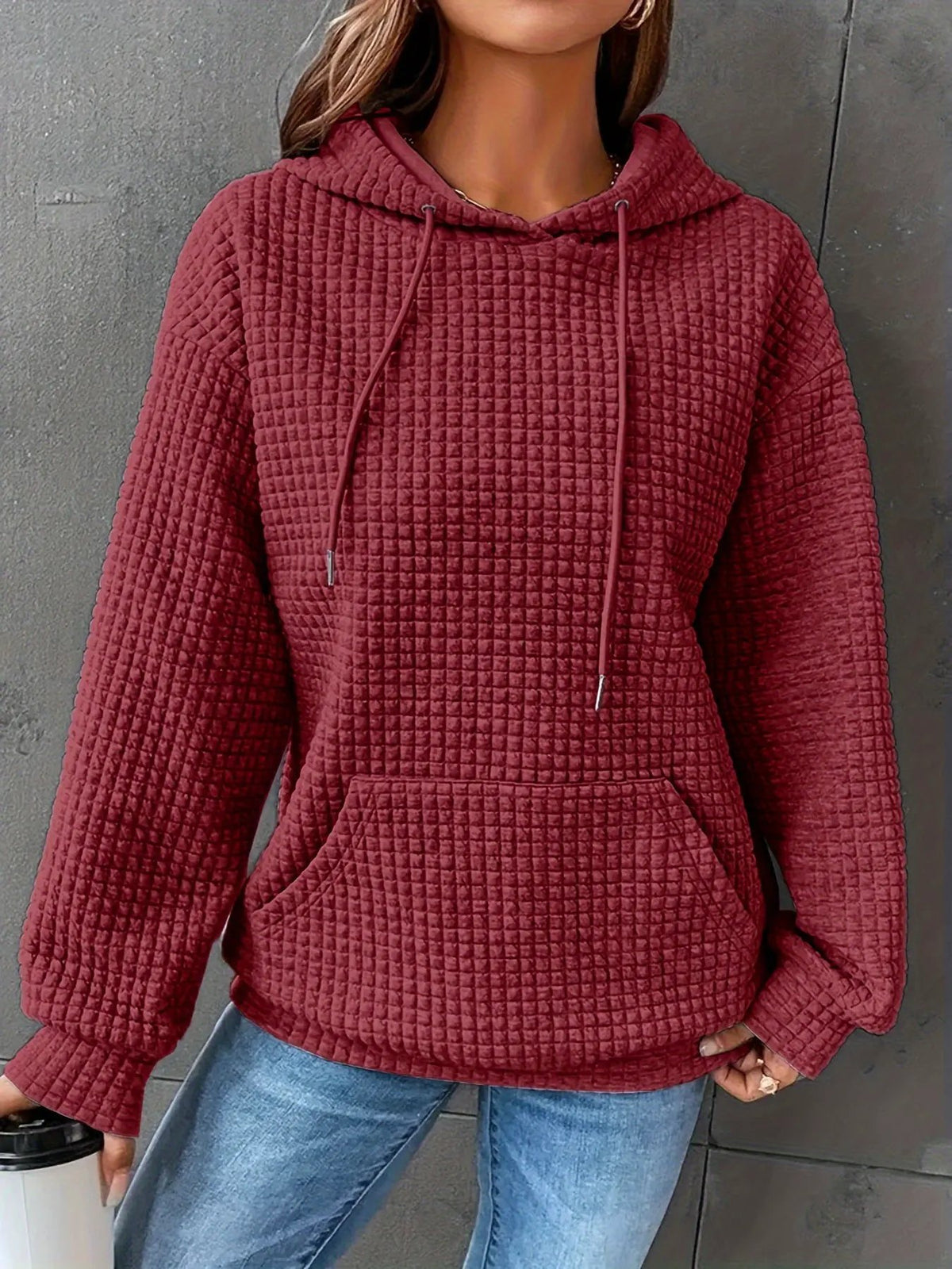 Women's Textured Hooded Top With Front Pouch-Women's Hoodies-Bellmaren-Burgundy-XL-My Store