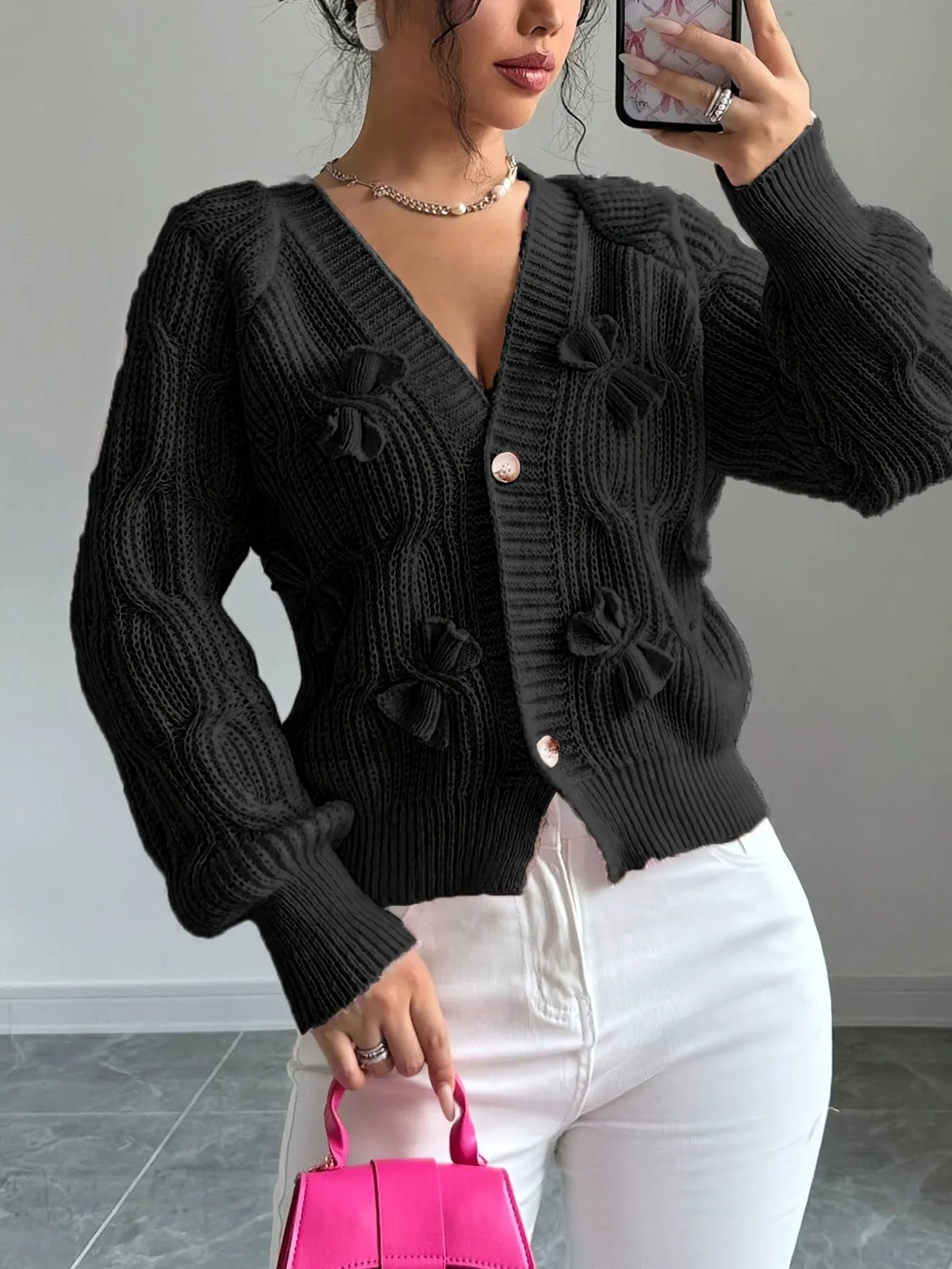 Women's Bow-Detail Long Sleeve Button Cardigan-Women’s Cardigans-Bellmaren-Pink-S-My Store