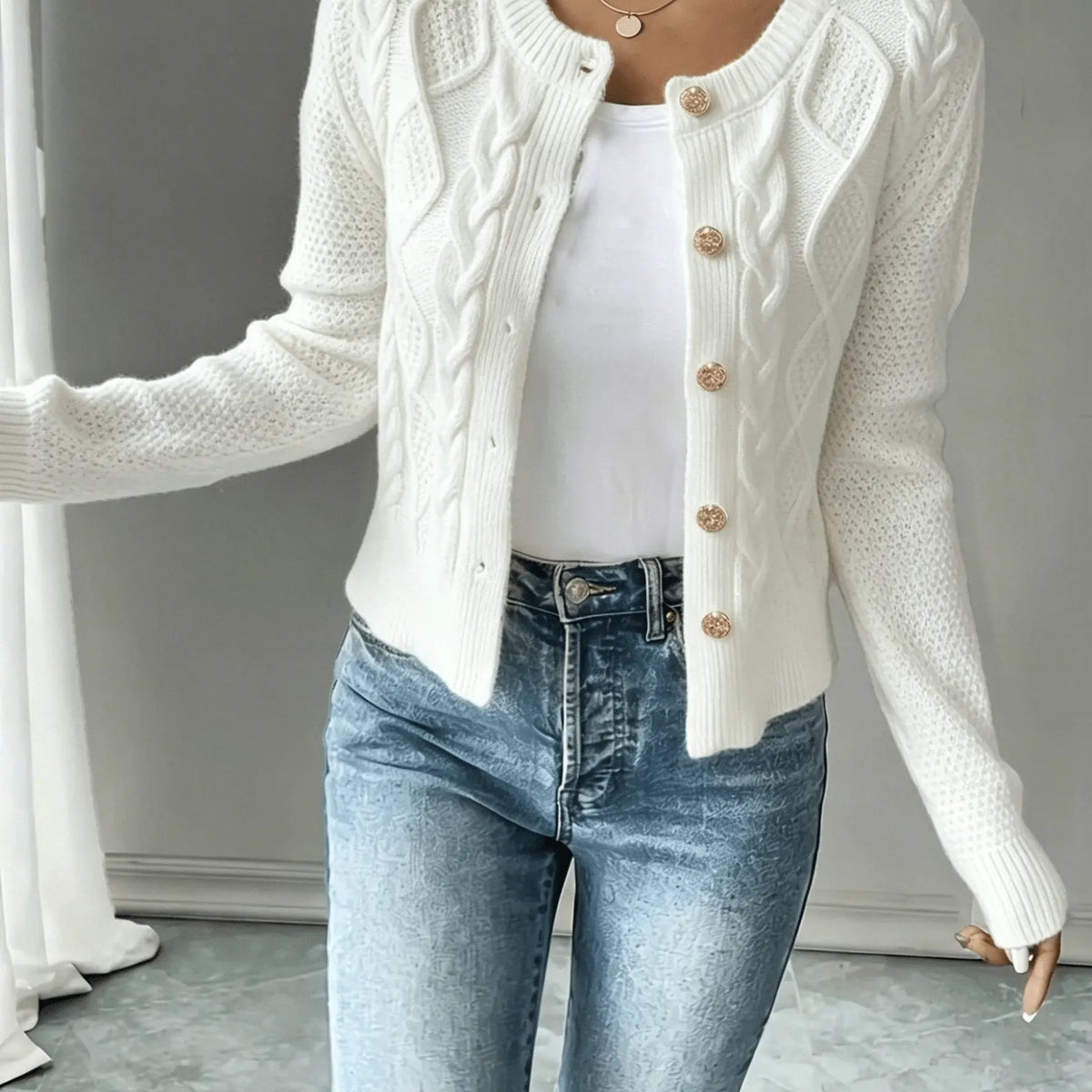 Women's Cable-Knit Button-Front Cardigan-Women’s Cardigans-Bellmaren-White-S-My Store