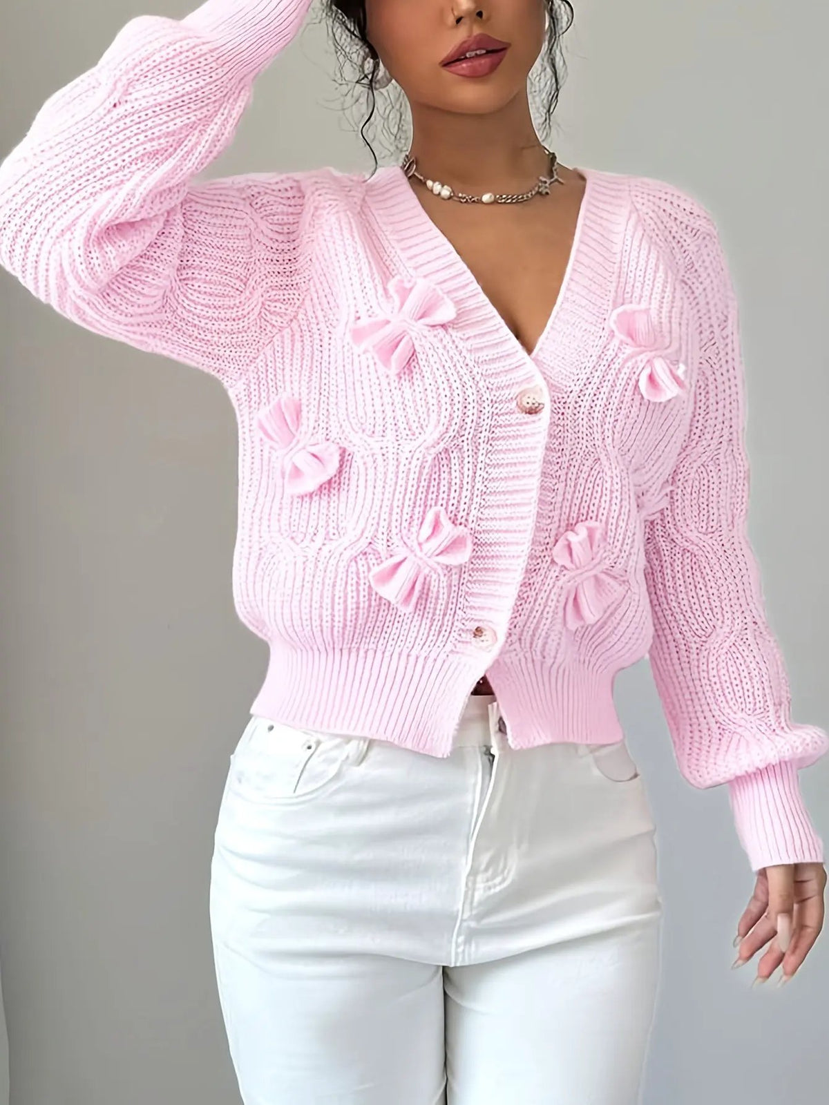Women's Bow-Detail Long Sleeve Button Cardigan-Women’s Cardigans-Bellmaren-Pink-S-My Store