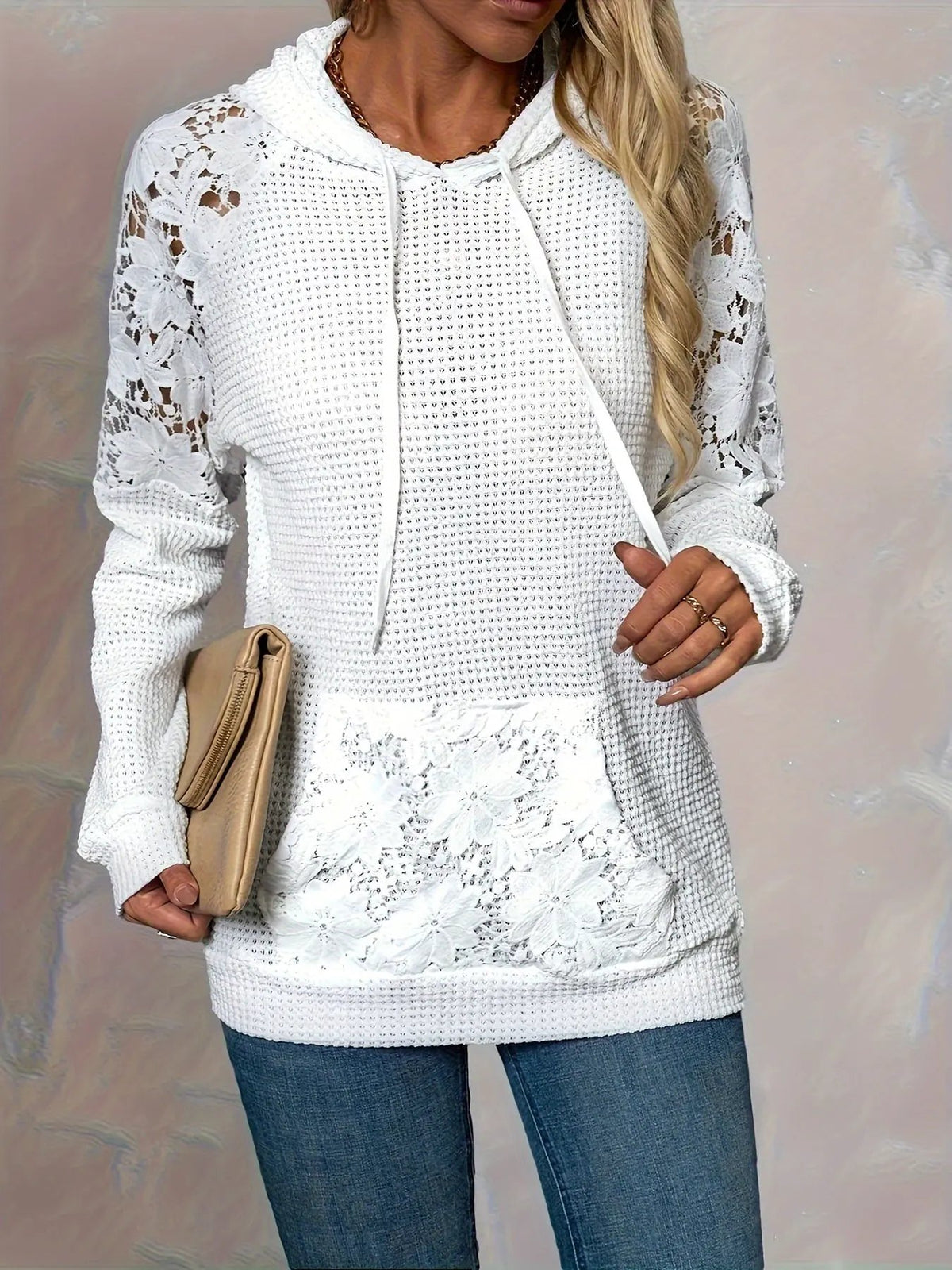 Women's Waffle Textured Hooded Top With Floral Trim-Women's Hoodies-Bellmaren-White-S-My Store