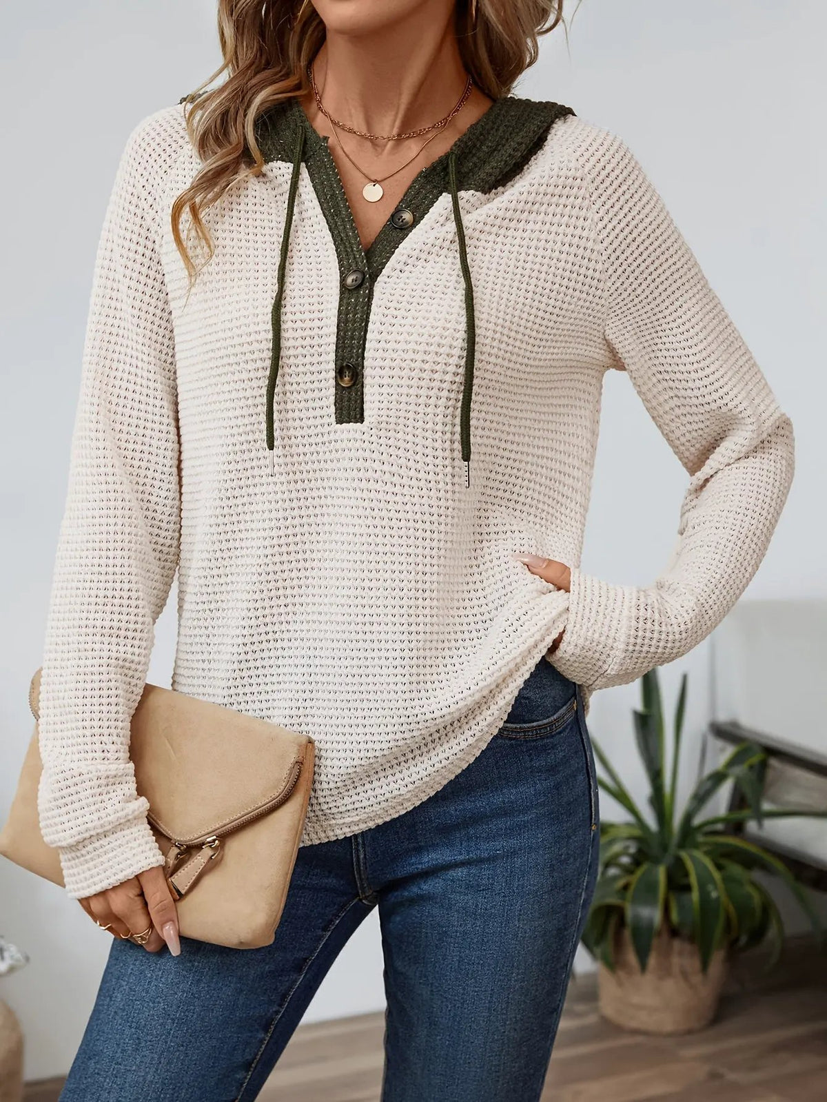 Women's Relaxed Waffle Hooded Top - Contrast Hood-Women's Hoodies-Bellmaren-Beige-S-My Store