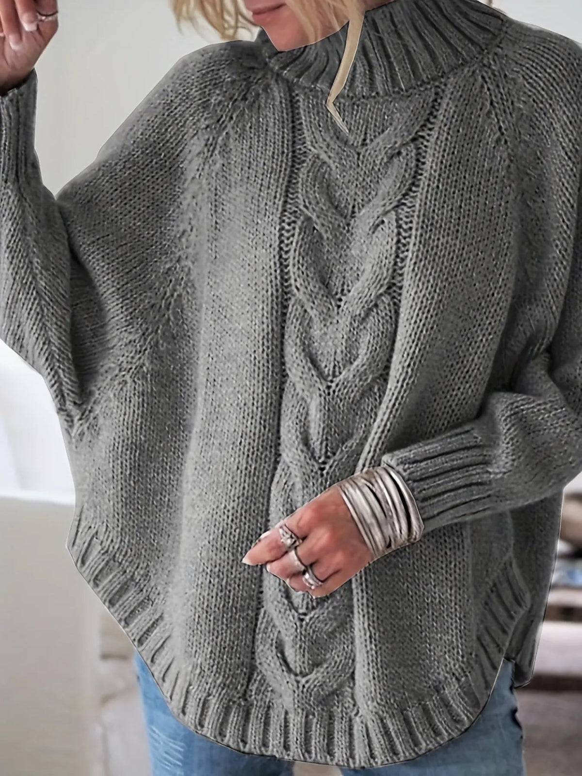 Women's Cable-Knit High-Neck Jumper - Relaxed Fit-Women's Sweaters-Bellmaren-Dark Gray-S-My Store