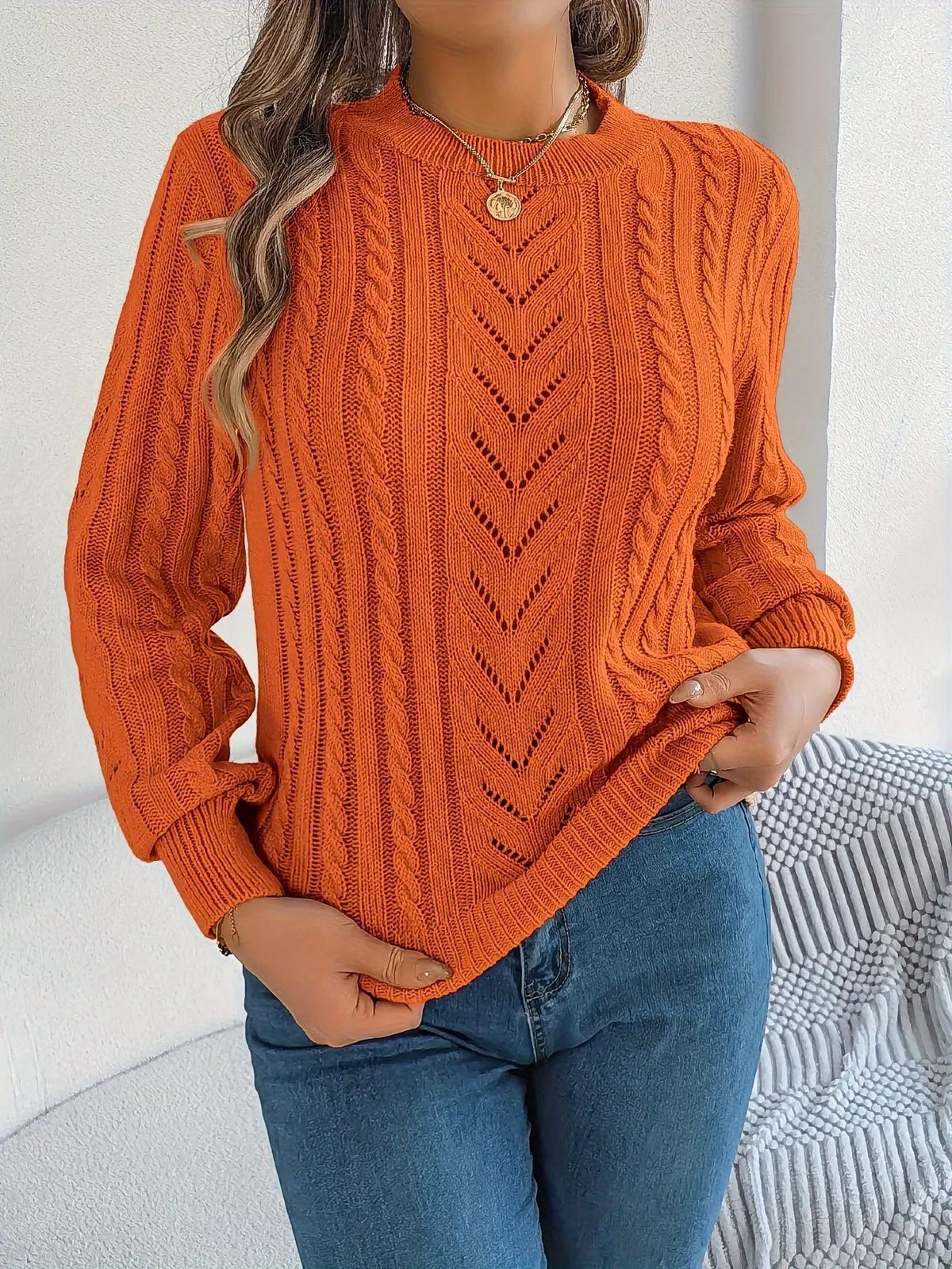 Women's Cable Knit Textured Sweater with Openwork Detailing-Women's Sweaters-Bellmaren-Khaki-S-My Store