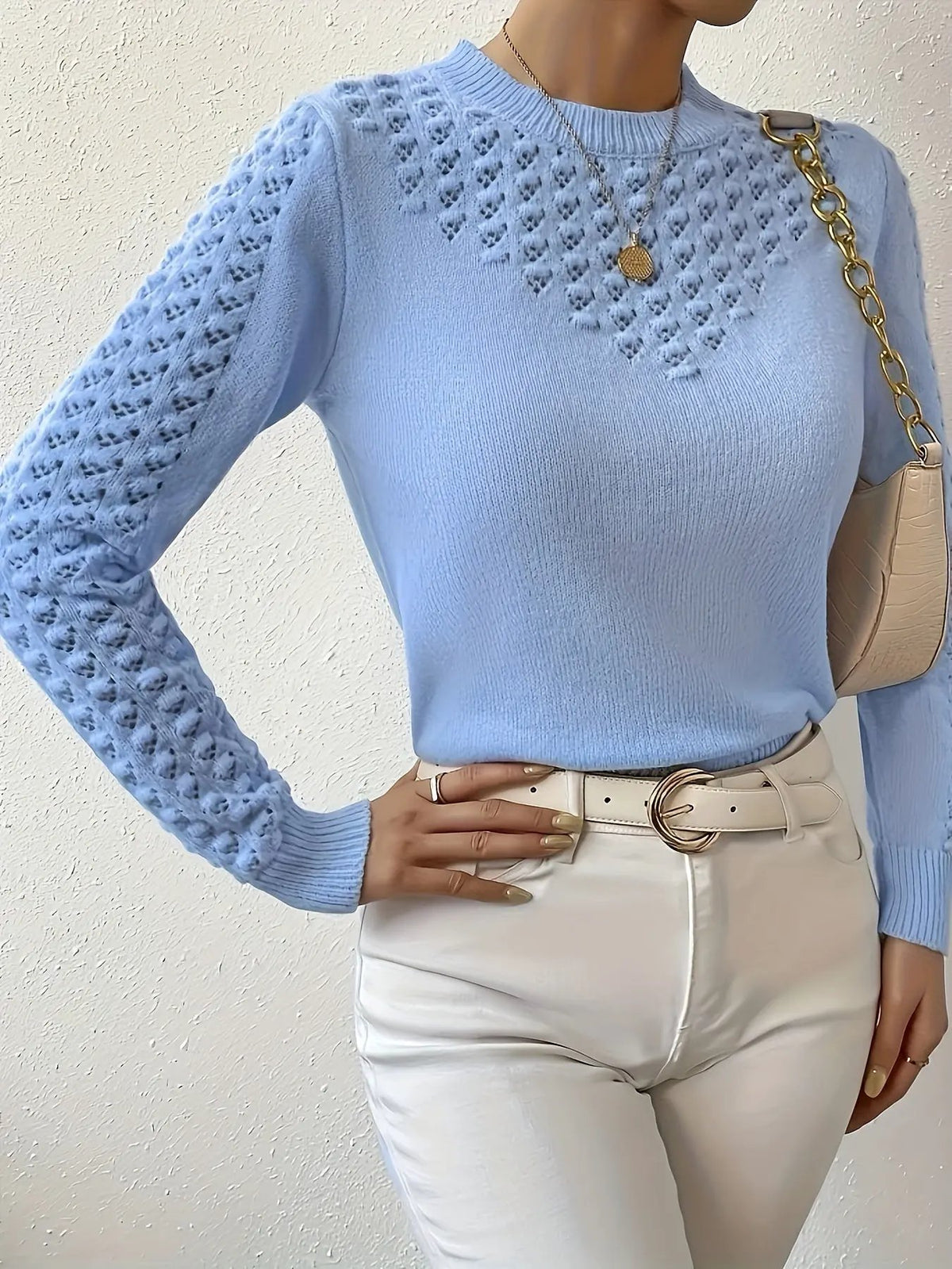 Women's Pointelle Knit Round Neck Jumper-Women's Sweaters-Bellmaren-Light Blue-XS-My Store