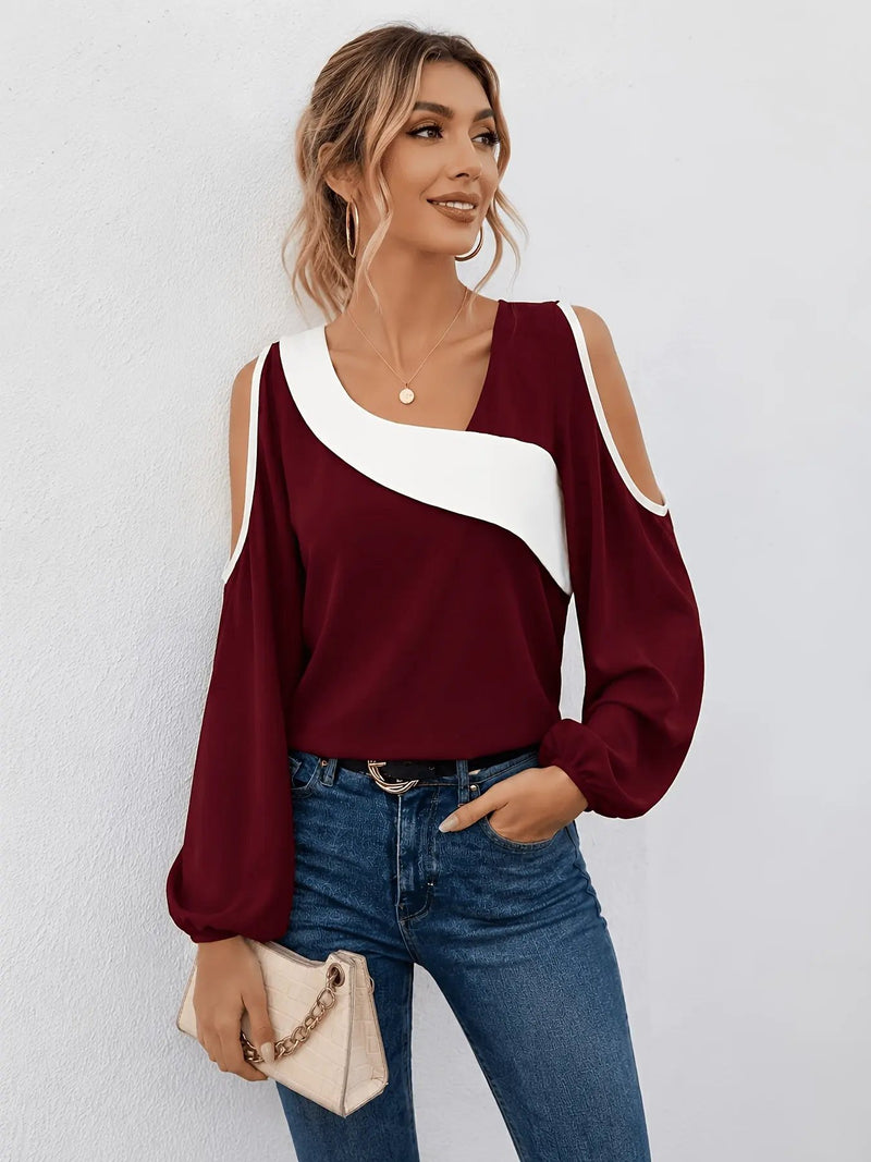 Women's Cold Shoulder Colour-Block Top – Relaxed V-Neck Blouse