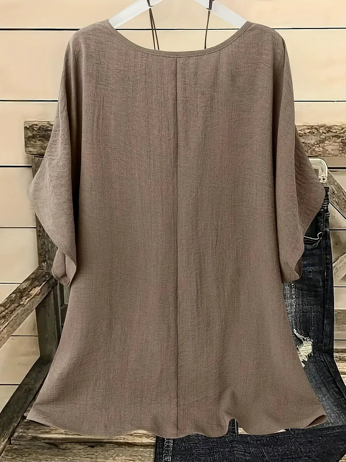 Women's Flowy Batwing Blouse With Rounded Neck-Women's Tops-Bellmaren-Khaki-S-My Store