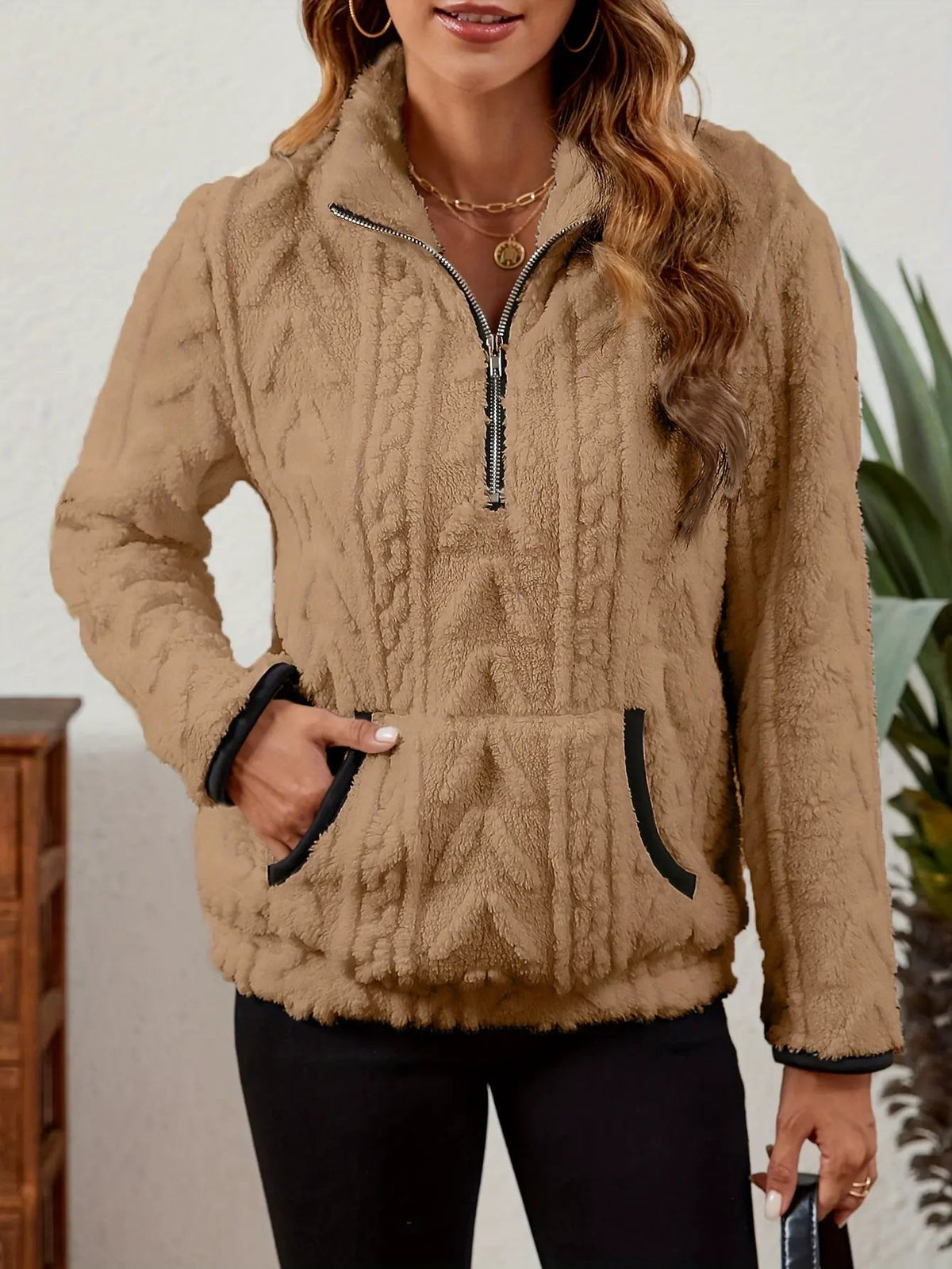 Textured Women's Half Zip Pullover Kangaroo Pocket-Women's Sweaters-Bellmaren-Burgundy-S-My Store