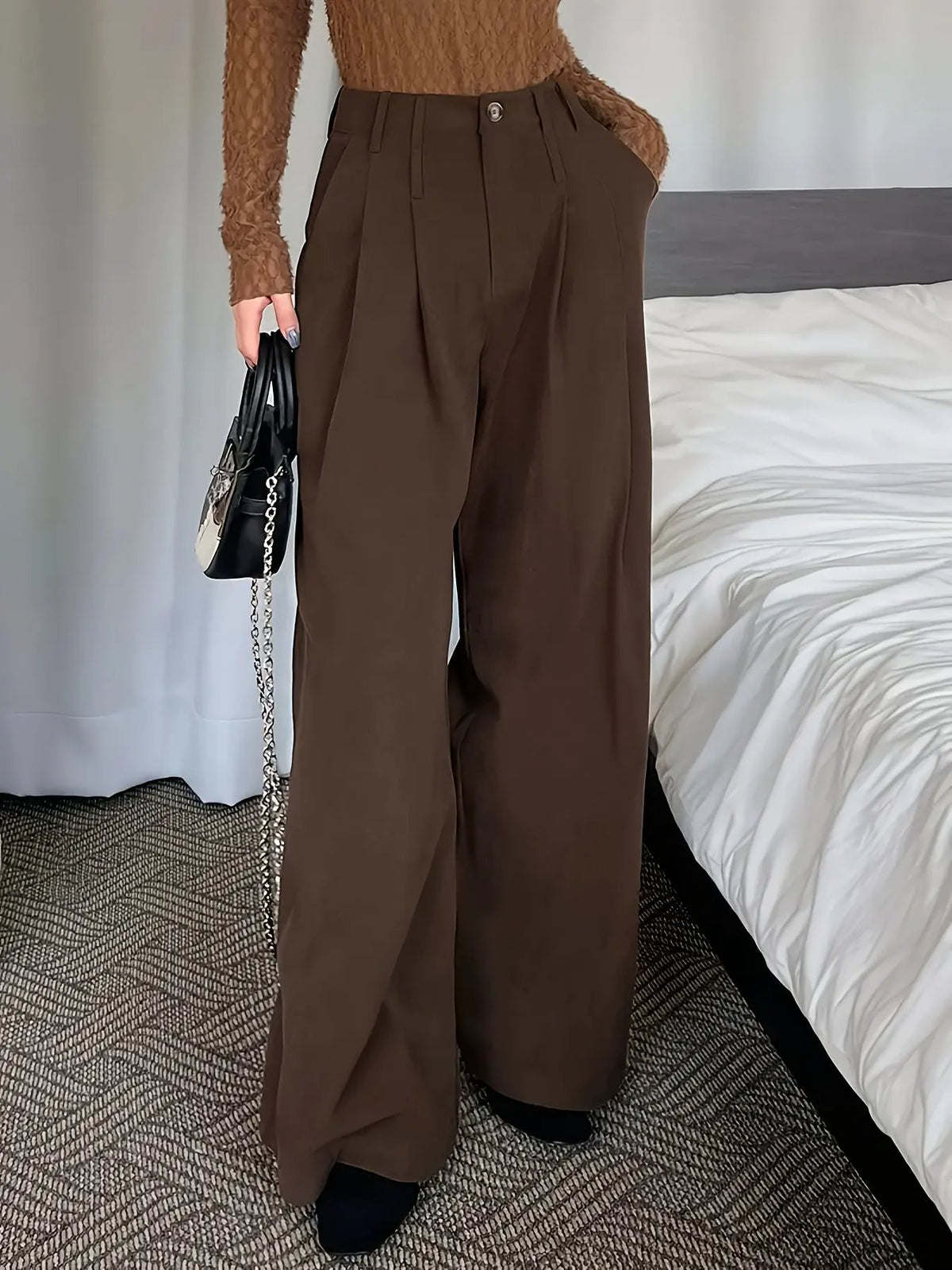 Women's Pleated Wide Leg Trousers Relaxed Fit-Women's Trousers-Bellmaren-Black-S-My Store