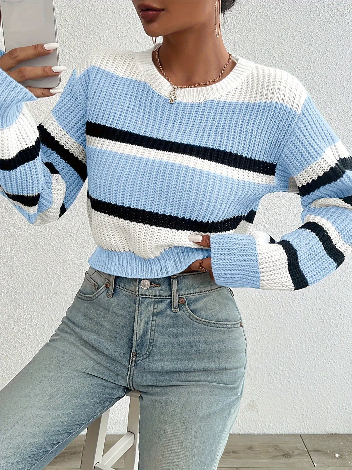 Women's Colour-block Stripe Sweater in Relaxed Fit-Women's Sweaters-Bellmaren-Sky Blue-S-My Store
