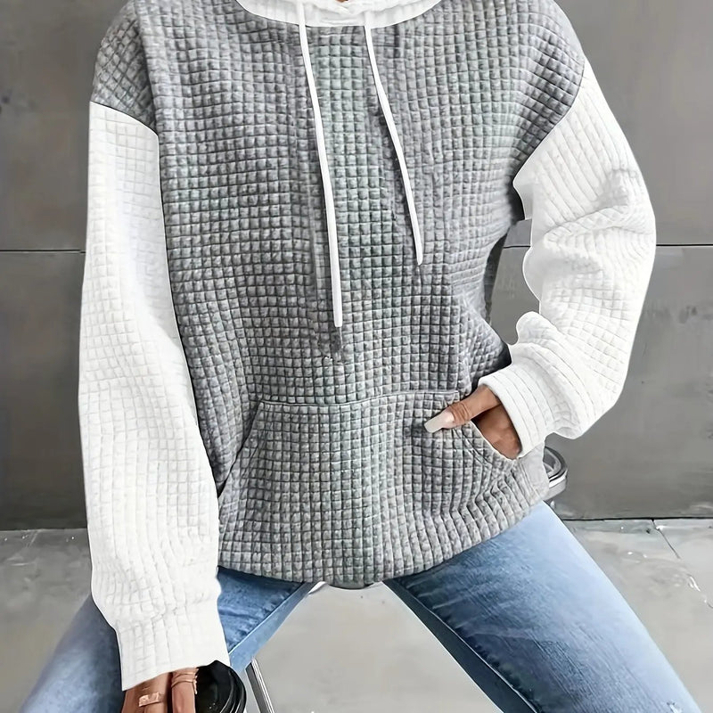 Women's Oversized Waffle-Knit Hoodie – Two-Tone, Pouch Pocket