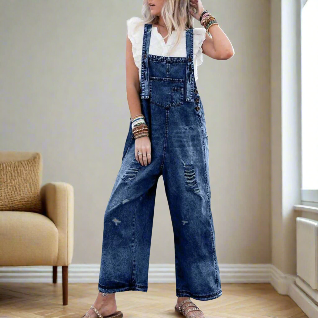 Women's Vintage Plain Jumpsuit with Adjustable Fit-Women's Jumpsuits-Bellmaren-Sea Blue-S-My Store