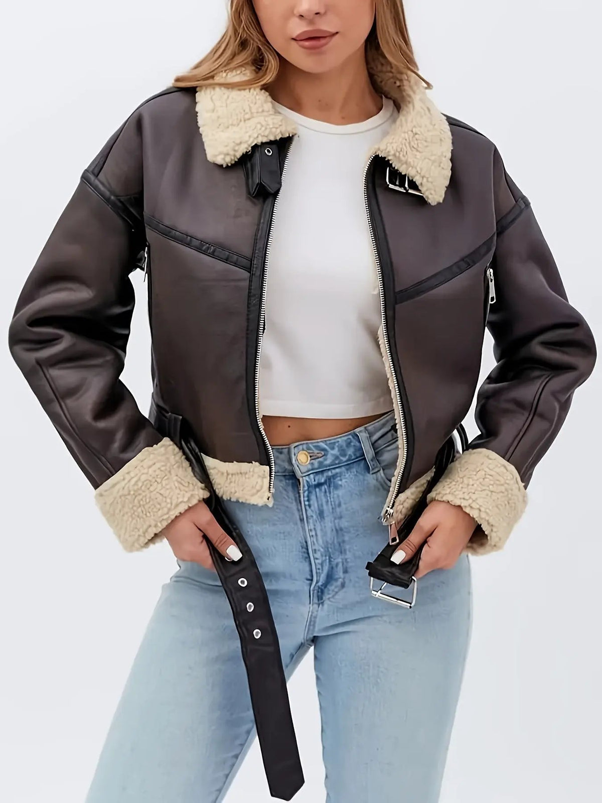 Women's Plush-Lined Cropped Moto Jacket With Zip Detail-Women's Outerwear-Bellmaren-Coffee Brown-XS-My Store