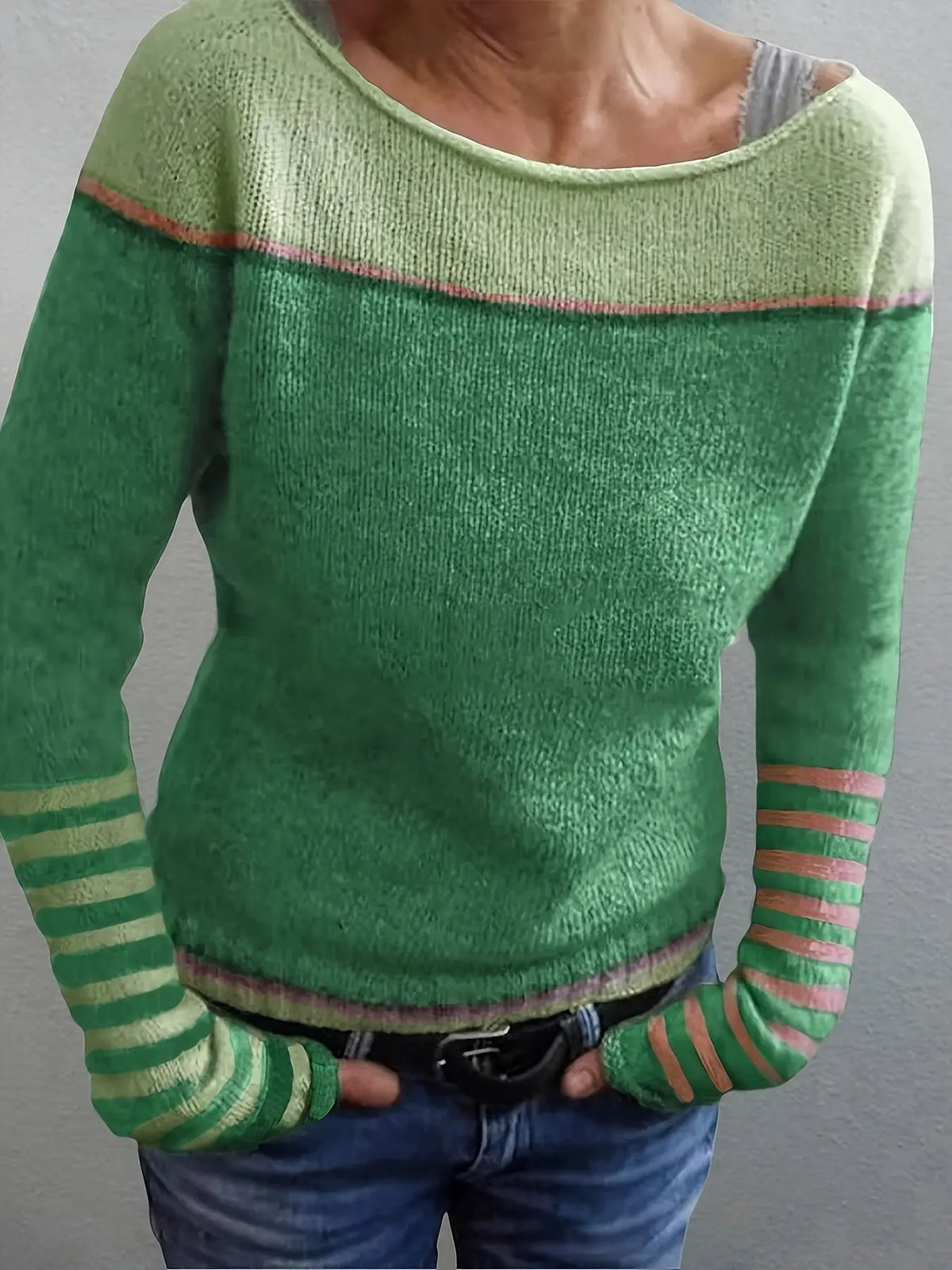 Women's Colour-Block Boat Neck Sweater With Relaxed Fit by Bellmaren