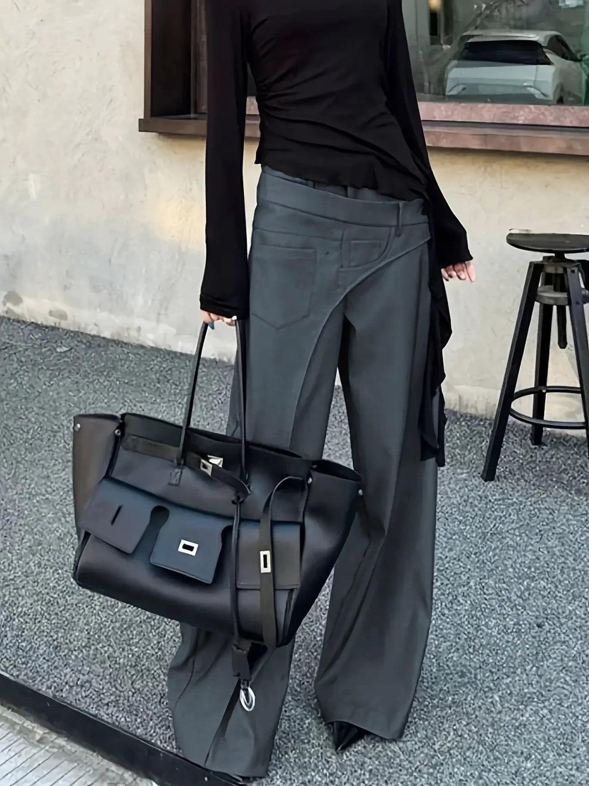 Women's High Waist Wide Leg Trousers with Layered Front-Women's Trousers-Bellmaren-Dark Gray-S-My Store