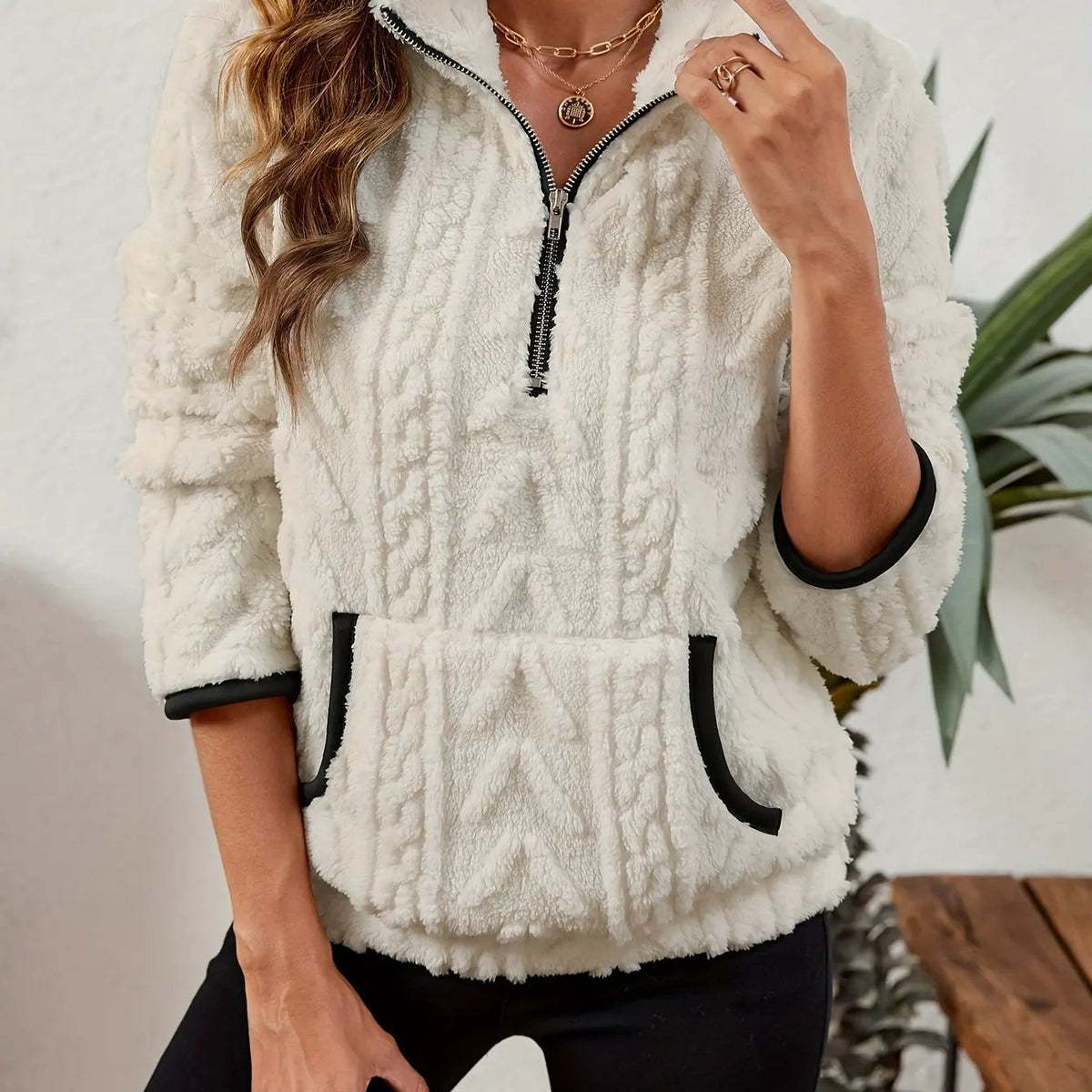 Textured Women's Half Zip Pullover Kangaroo Pocket-Women's Sweaters-Bellmaren-White-S-My Store