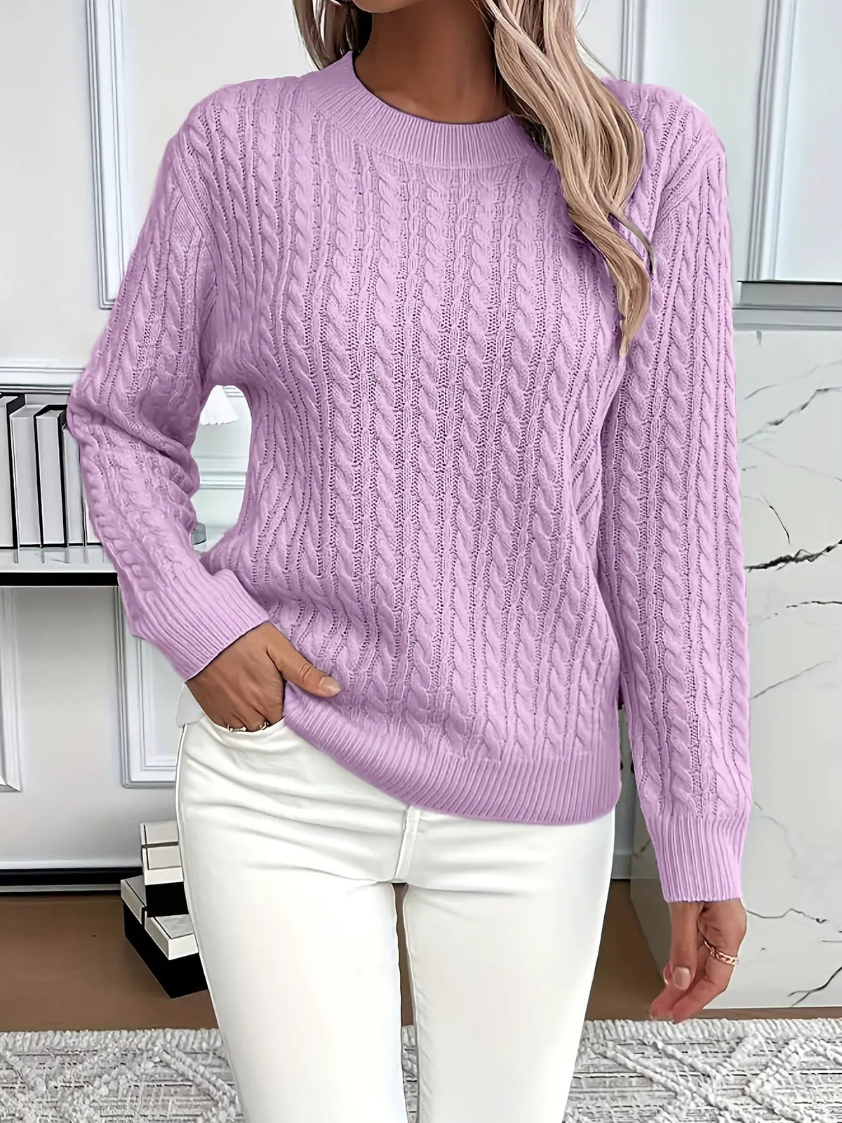 Women's Cable Knit Round Neck Jumper Relaxed Silhouette-Women's Sweaters-Bellmaren-Light Green-S-My Store