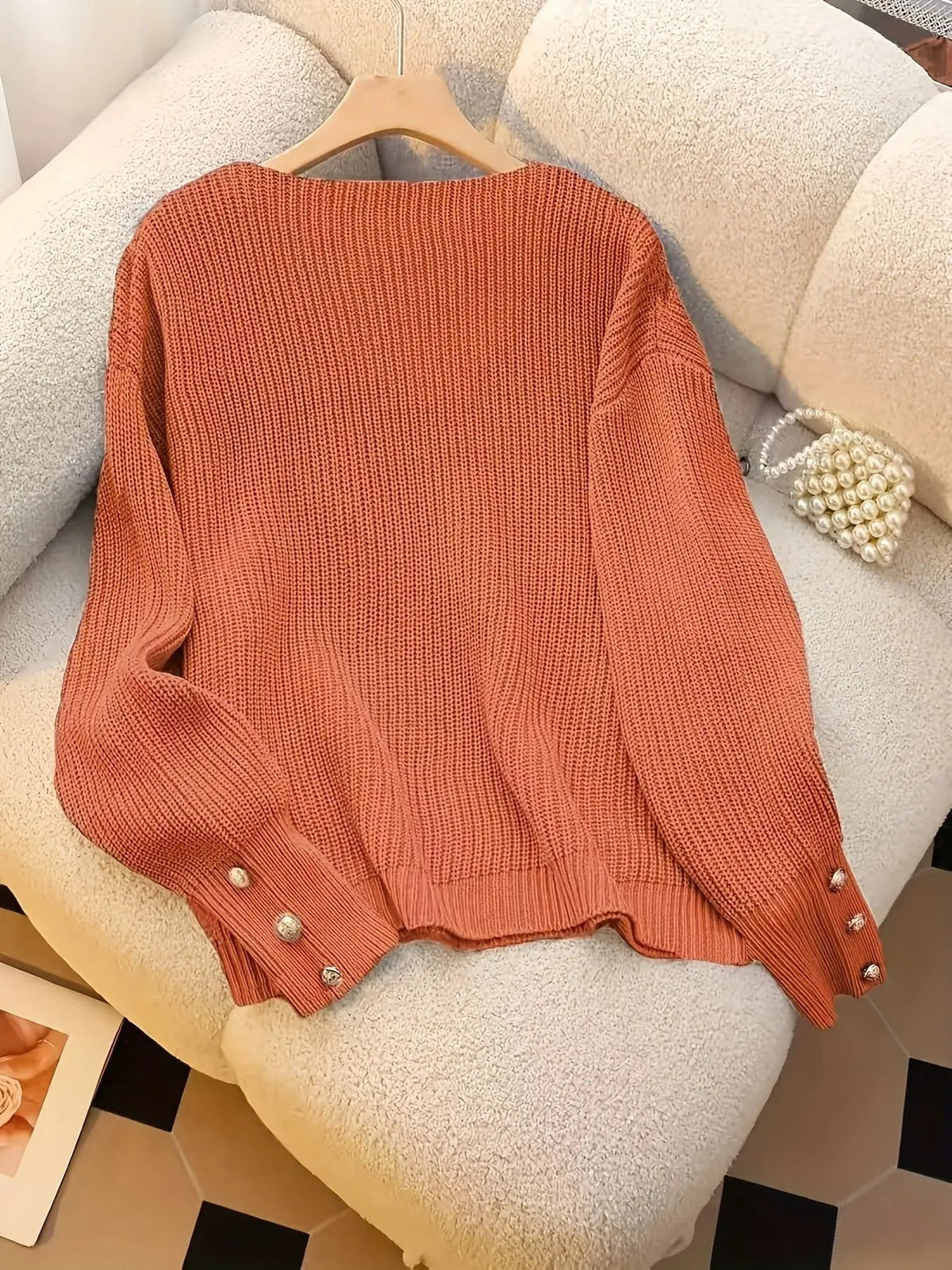 Women's Ribbed V-Neck Sweater with Button Cuffs by Bellmaren