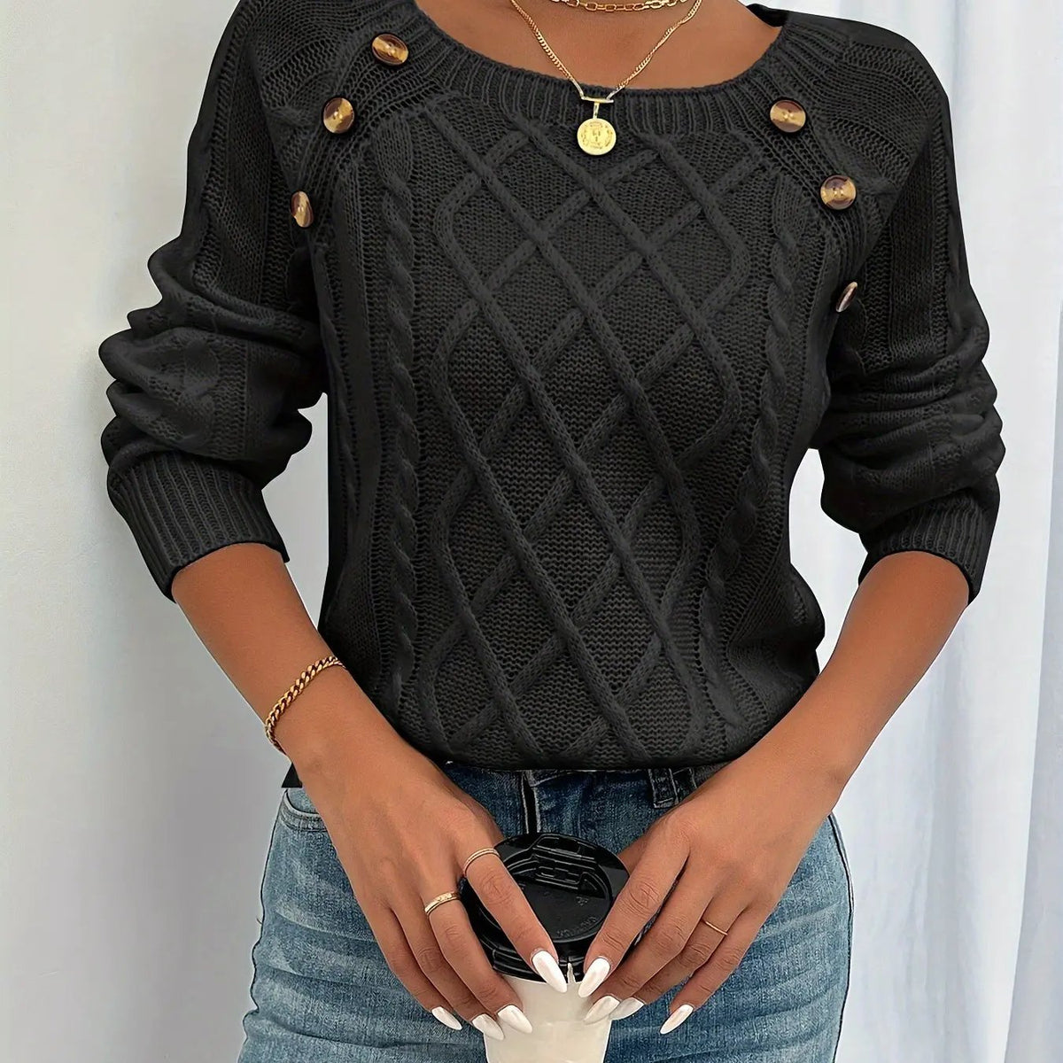 Women's Button-Front Textured Jumper with Lantern Sleeves by Bellmaren
