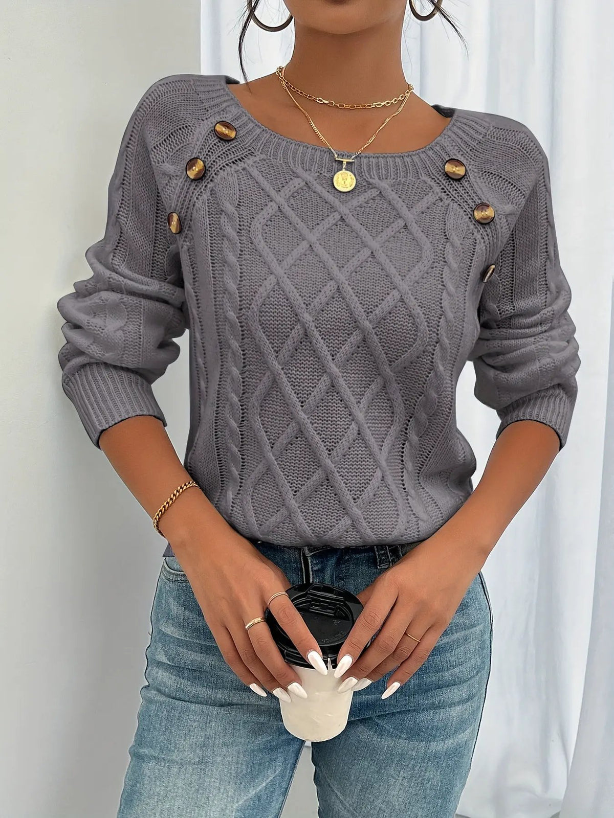 Women's Button-Front Textured Jumper with Lantern Sleeves by Bellmaren